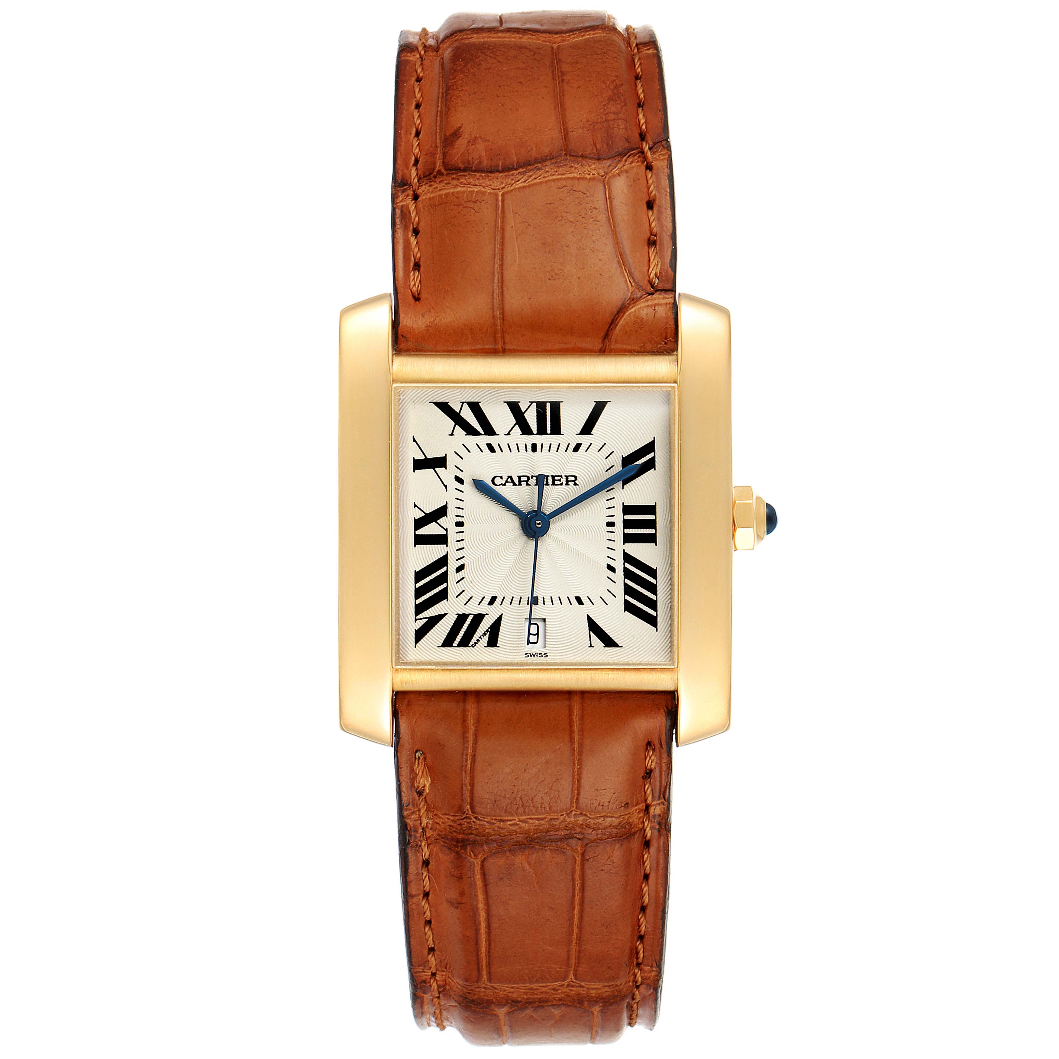 The Cartier Tank Francaise W5000156 Men's Yellow Gold Silver Dial W5000156 Men's Yellow Gold Silver Dial watch is shown from a direct front angle, displaying the dial, strap, and case.