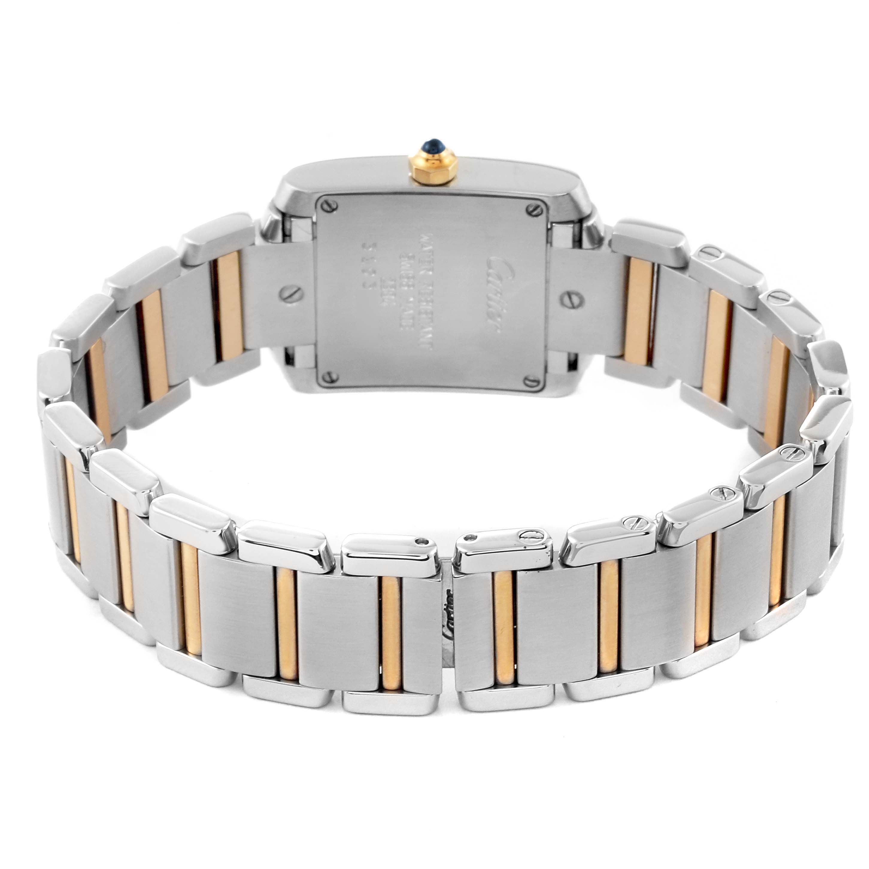 The image shows the back view of a Cartier Tank Francaise W51007Q4 Women
s Steel and Gold (two tone) Silver Dial W51007Q4 Women
s Steel and Gold (two tone) Silver Dial watch, highlighting the clasp and stainless steel and gold bracelet.