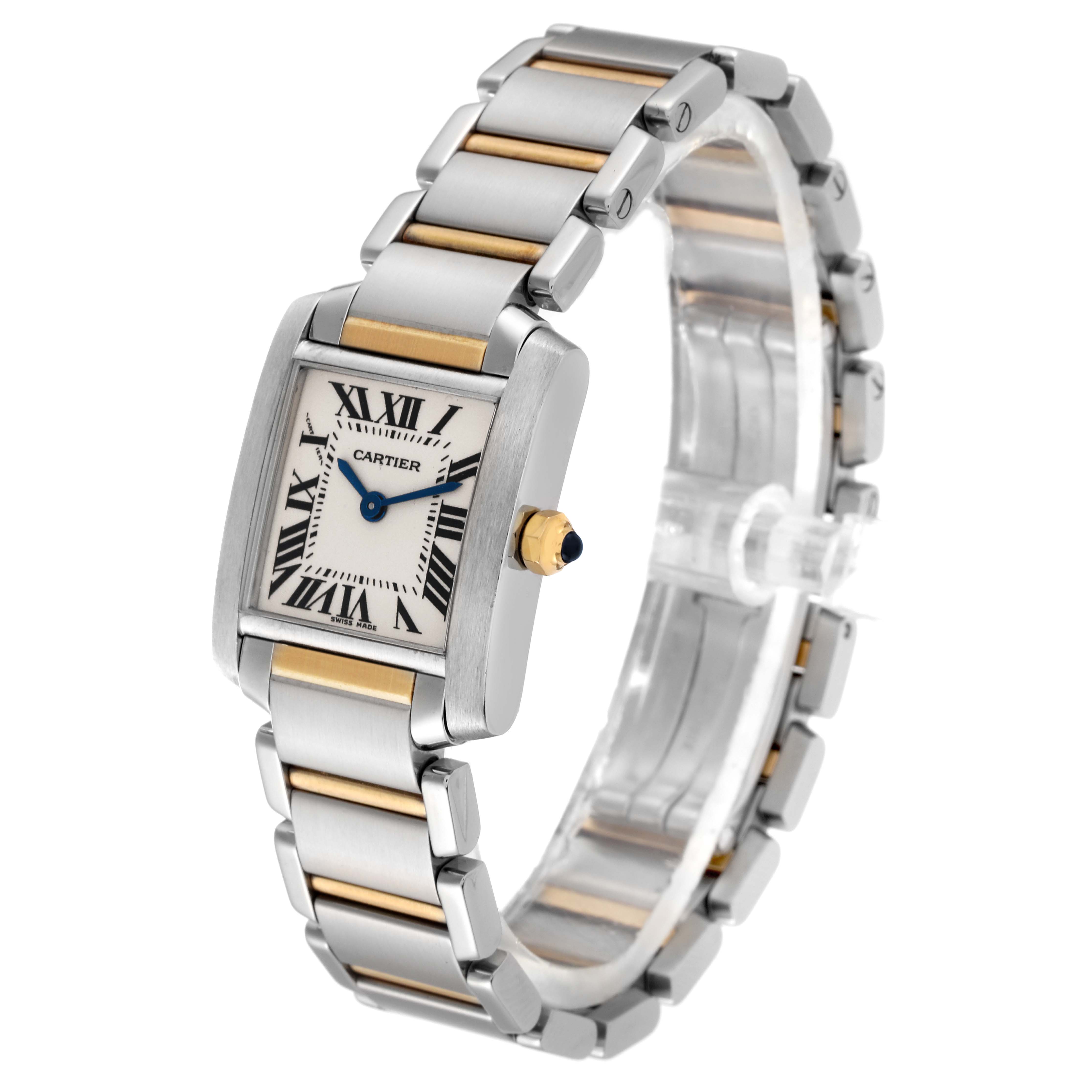 This image shows a Cartier Tank Francaise W51007Q4 Women
s Steel and Gold (two tone) Silver Dial W51007Q4 Women
s Steel and Gold (two tone) Silver Dial watch from a side angle, highlighting the case, bracelet, and dial.