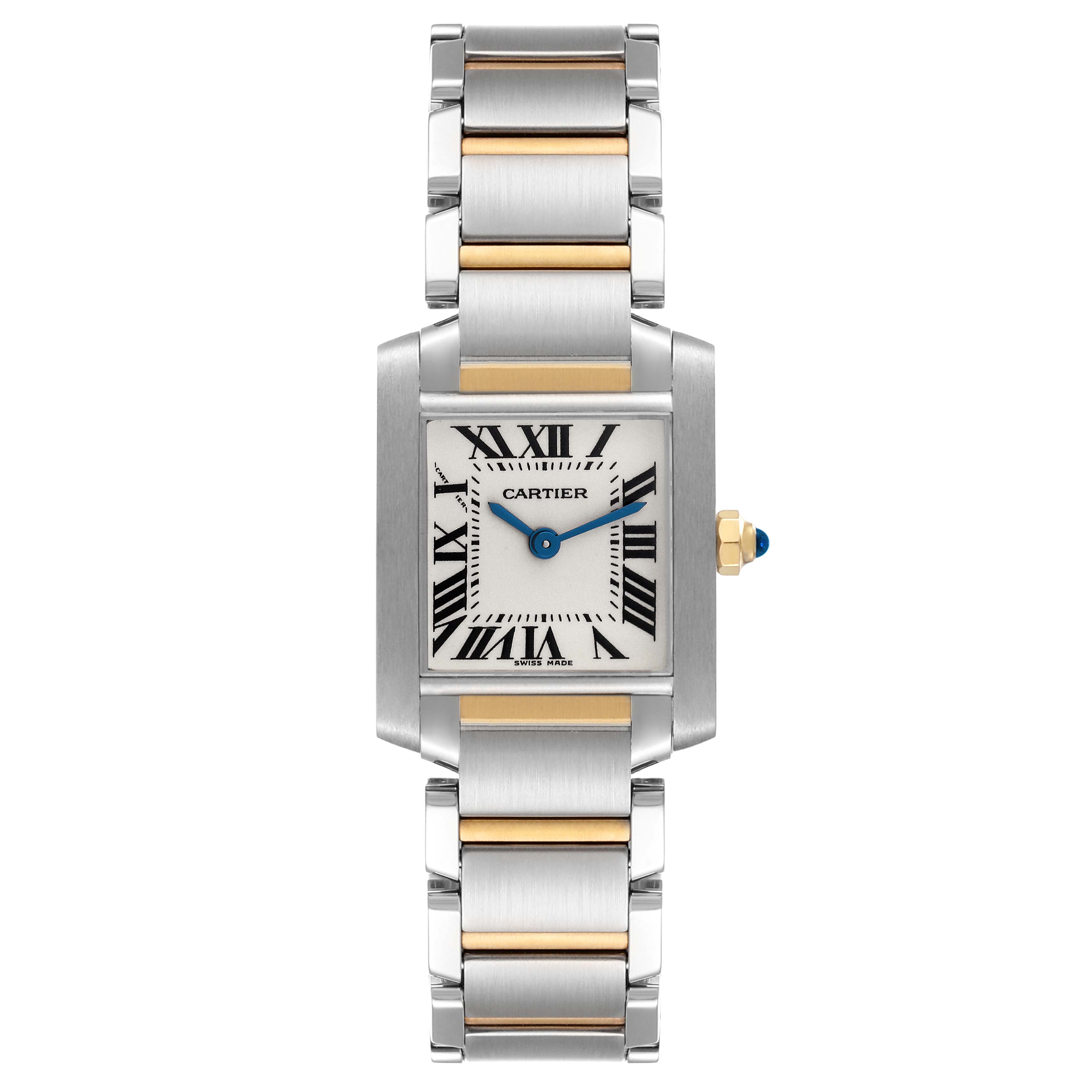 The image shows a Cartier Tank Francaise W51007Q4 Women
s Steel and Gold (two tone) Silver Dial W51007Q4 Women
s Steel and Gold (two tone) Silver Dial watch from a top view, displaying its face, metal strap, and side crown.