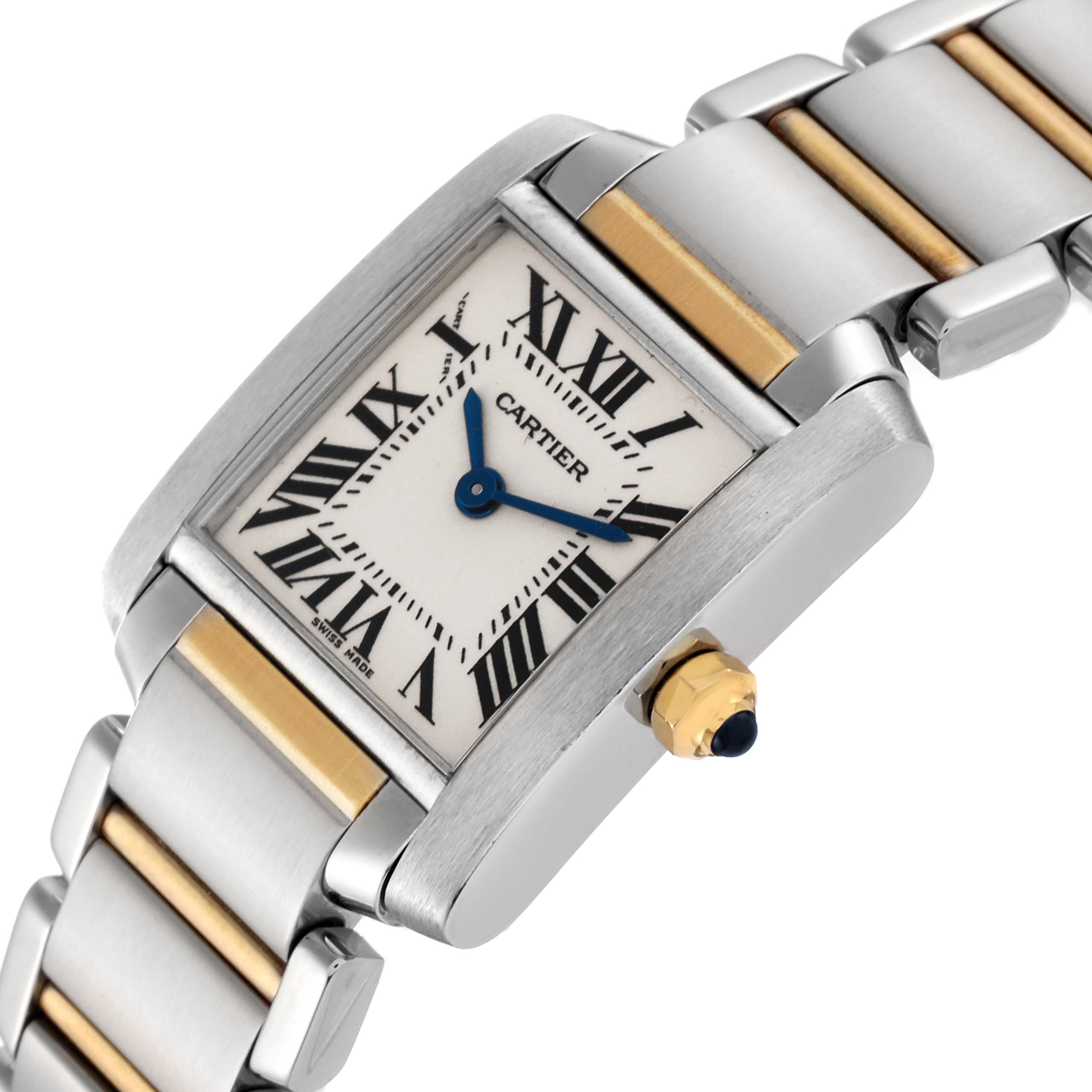 The image shows a Cartier Tank Française watch at an angled side view, highlighting the stainless steel and gold bracelet, dial, and crown.
