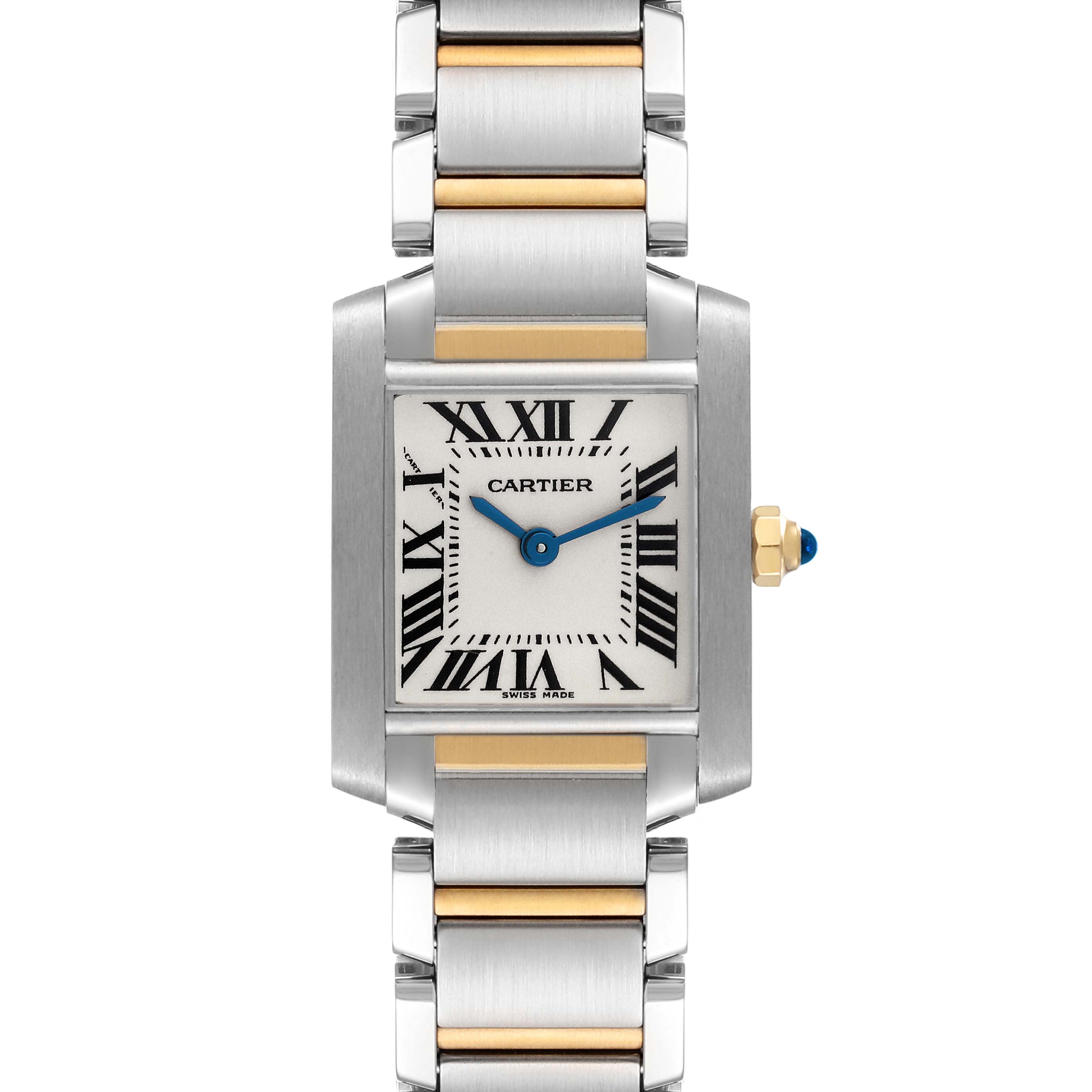 The image shows a full frontal view of the Cartier Tank Francaise W51007Q4 Women
s Steel and Gold (two tone) Silver Dial W51007Q4 Women
s Steel and Gold (two tone) Silver Dial watch, including the bracelet and crown.