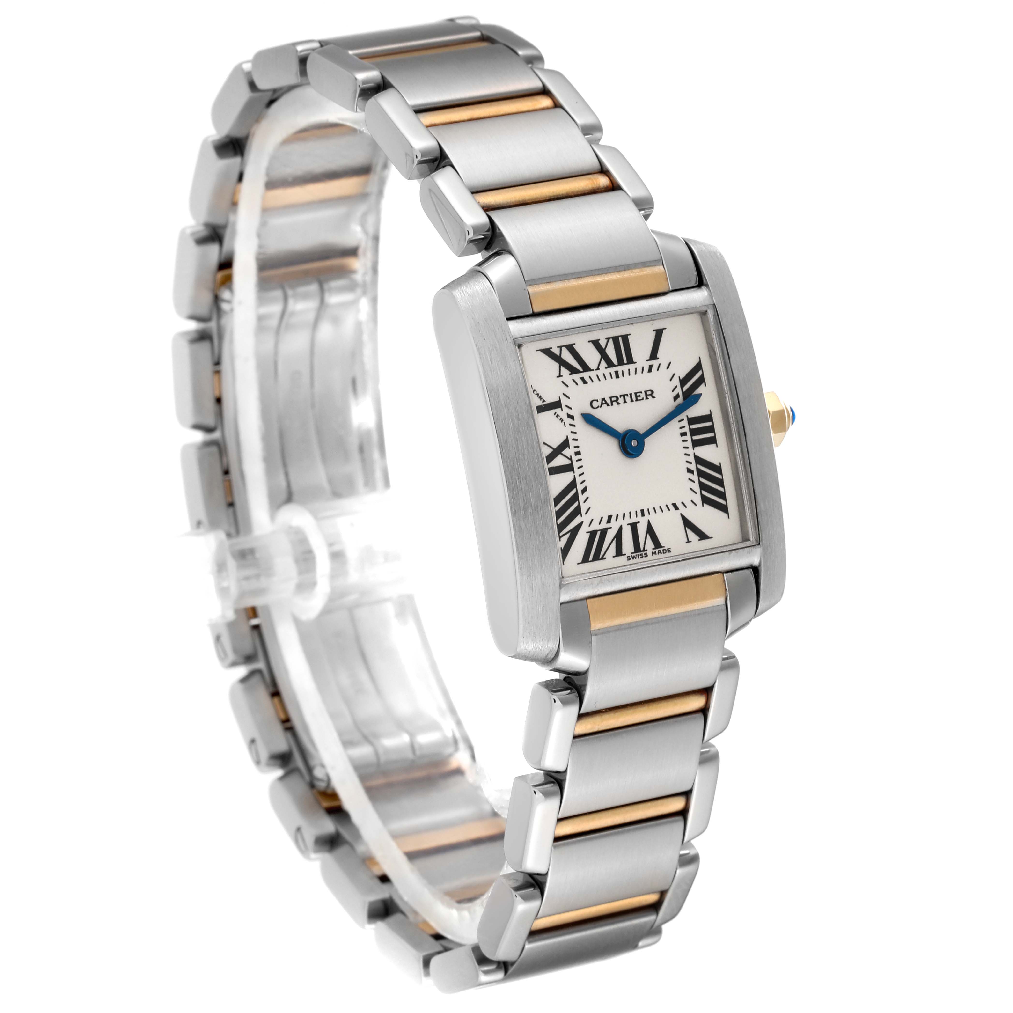 The image shows a Cartier Tank Francaise W51007Q4 Women
s Steel and Gold (two tone) Silver Dial W51007Q4 Women
s Steel and Gold (two tone) Silver Dial watch, angled to display the dial, bezel, and metal bracelet with gold accents.