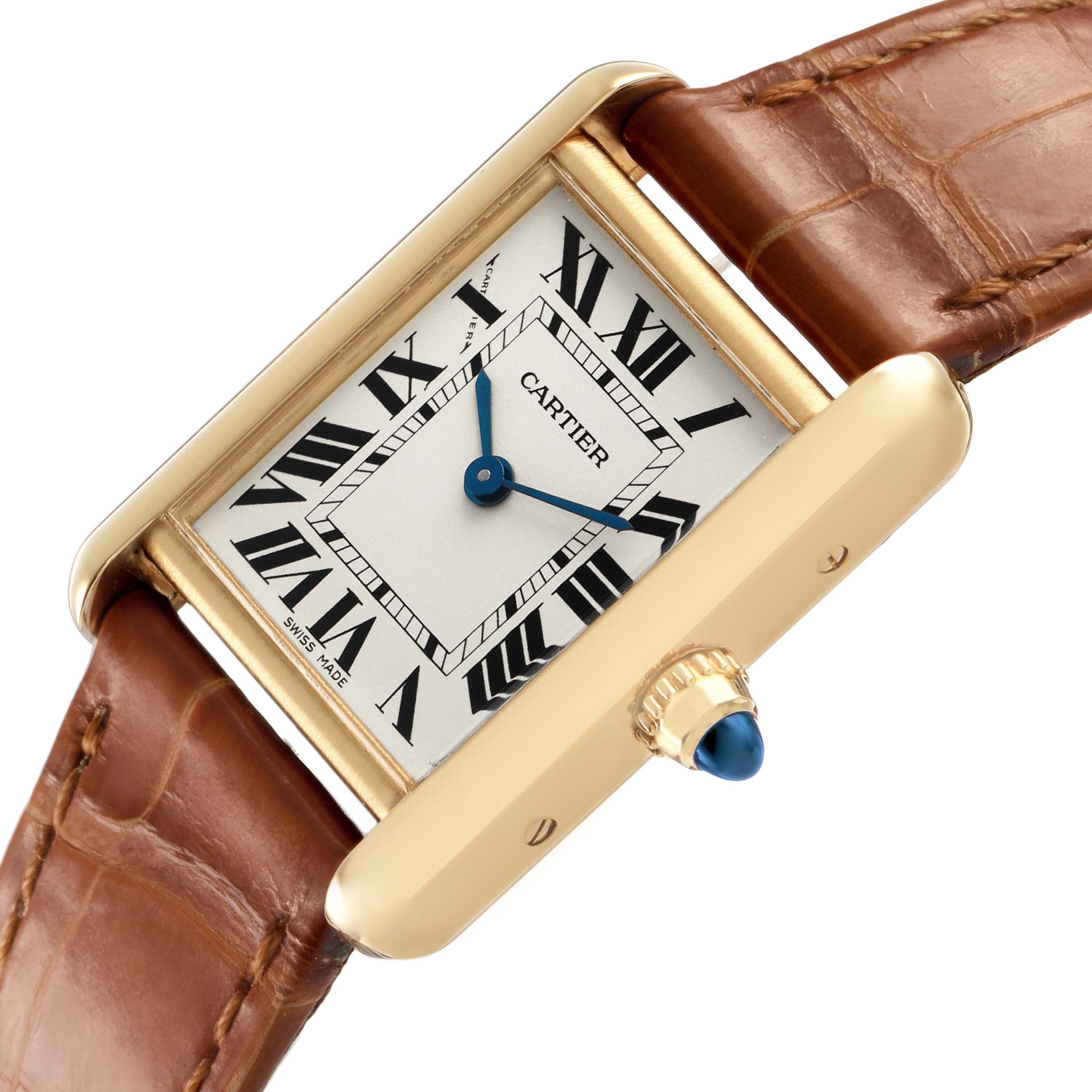 The image shows a Cartier Tank Louis W1529856 Women's Yellow Gold Silver Dial watch at a tilted angle, highlighting its dial, blue sword-shaped hands, and crown with a blue cabochon.