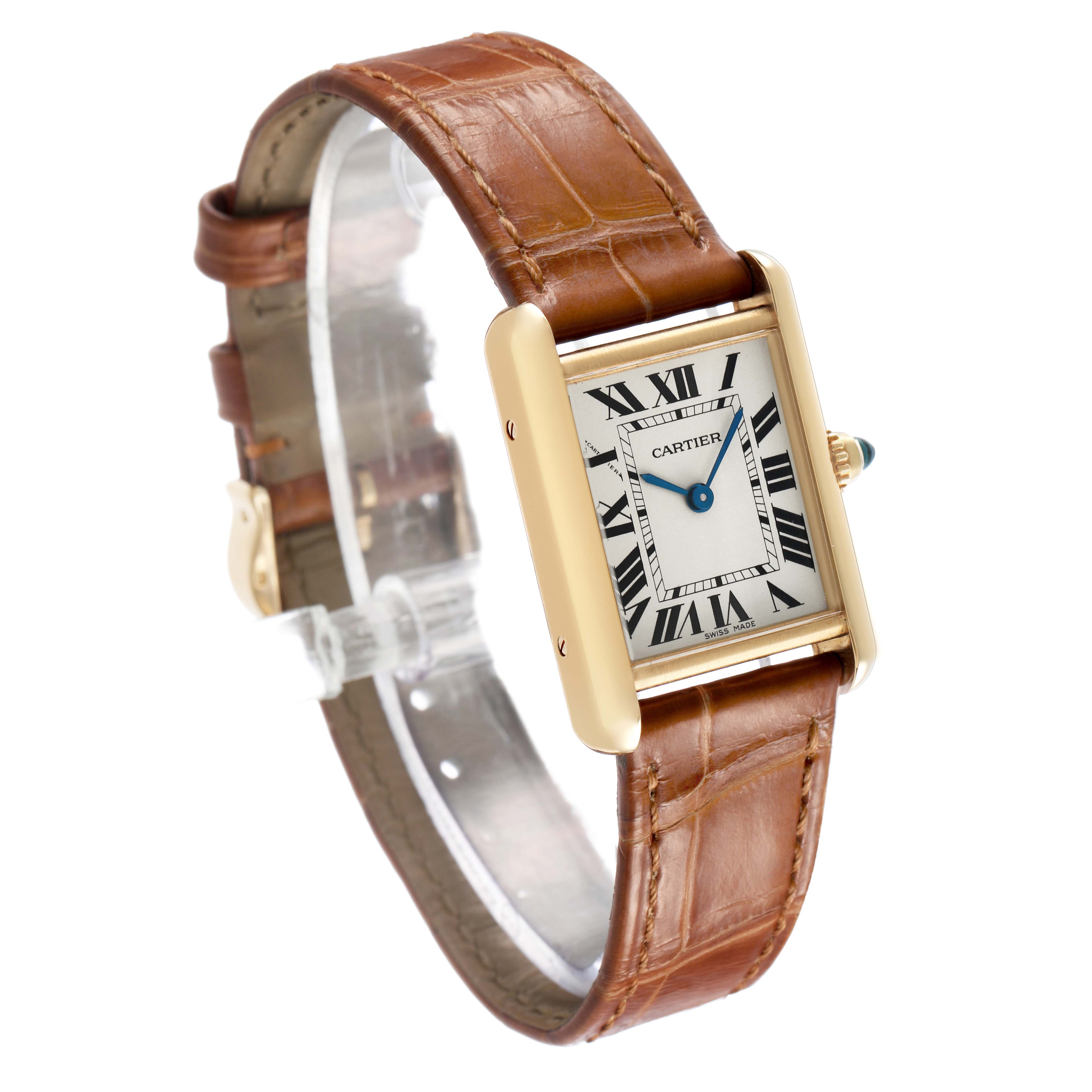 The Cartier Tank Louis W1529856 Women's Yellow Gold Silver Dial watch is shown from a front angled perspective, highlighting the face, gold case, and brown leather strap.