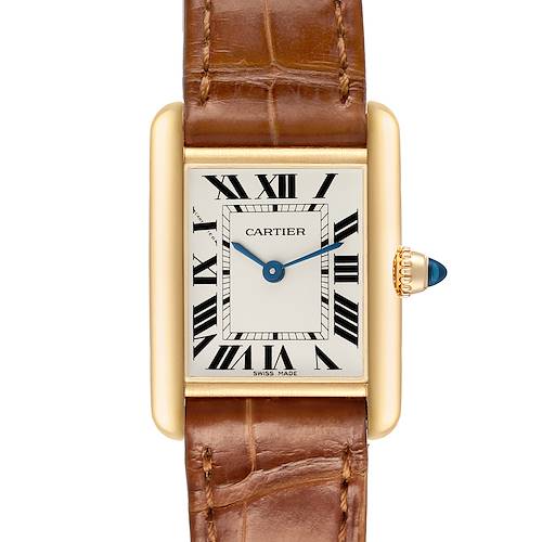 The Cartier Tank Louis W1529856 Women's Yellow Gold Silver Dial watch is shown from the front, highlighting the dial, hands, crown, and leather strap.
