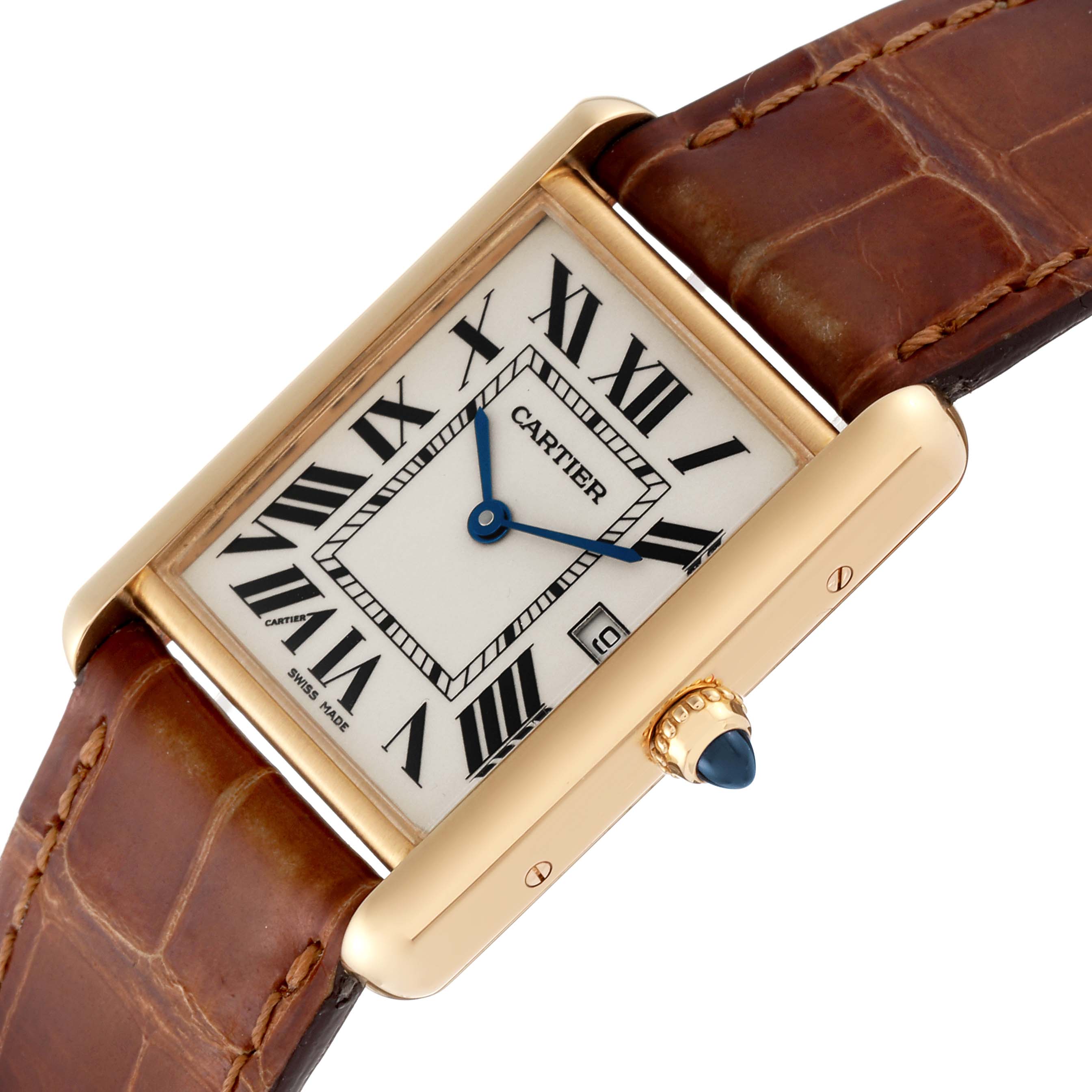 The image shows a Cartier Tank Louis W1529756 Men
s Yellow Gold Silver Dial W1529756 Men
s Yellow Gold Silver Dial watch at an angled close-up, highlighting the face, crown, and part of the leather strap.