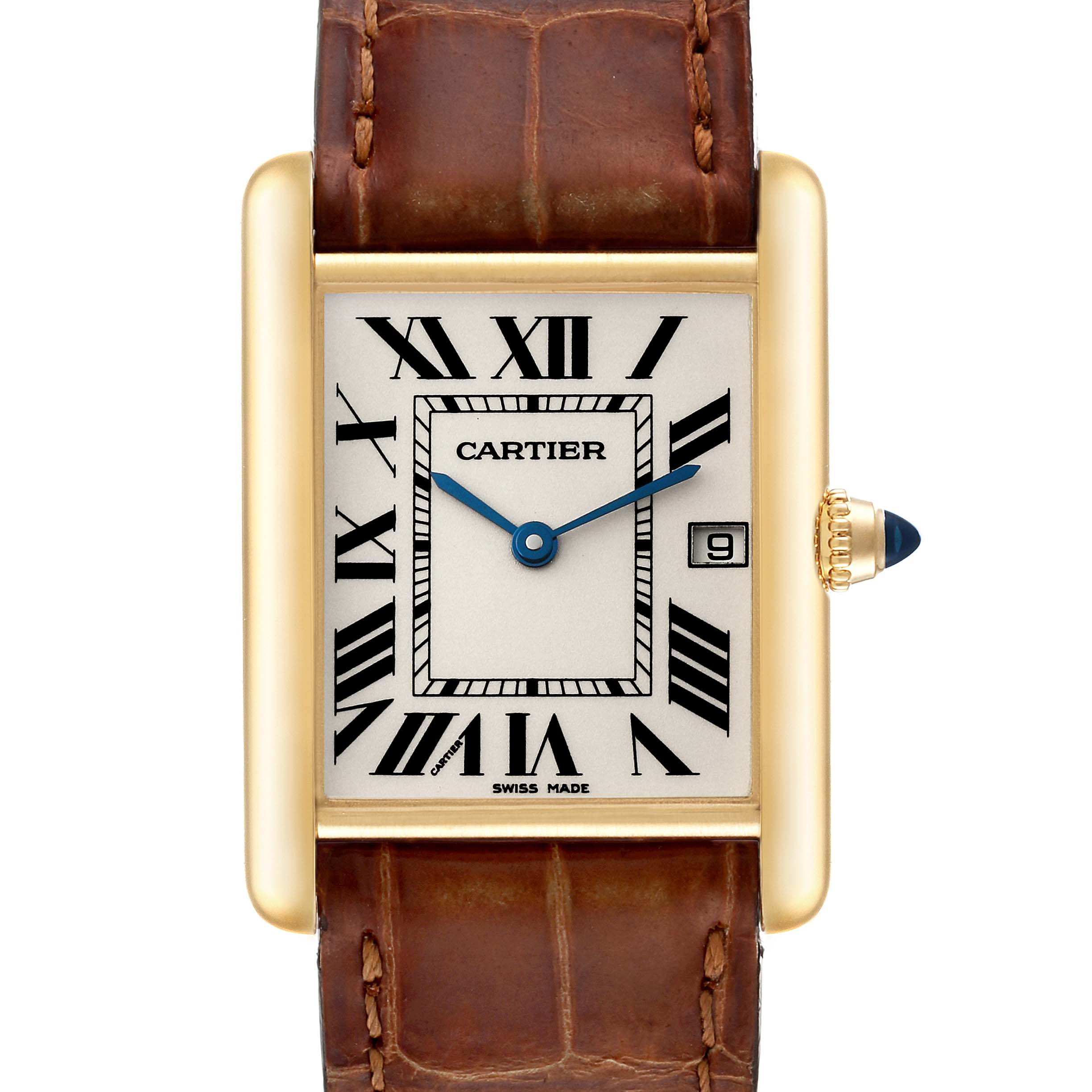 This image shows a front view of the Cartier Tank Louis W1529756 Men
s Yellow Gold Silver Dial W1529756 Men
s Yellow Gold Silver Dial watch, highlighting its rectangular dial, Roman numerals, and leather strap.