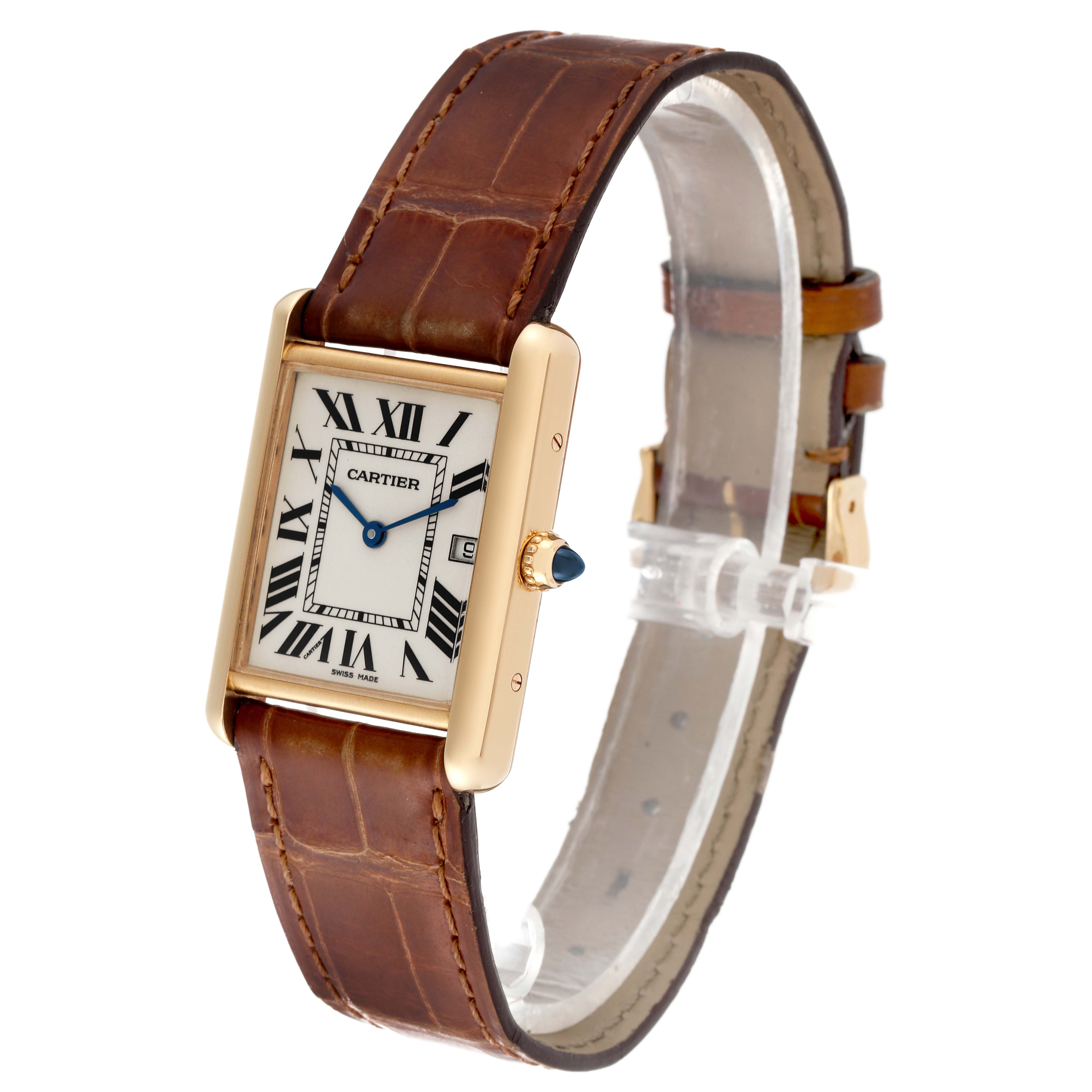 The image shows a Cartier Tank Louis W1529756 Men
s Yellow Gold Silver Dial W1529756 Men
s Yellow Gold Silver Dial watch from a front angle, highlighting its brown leather strap and rectangular gold case.