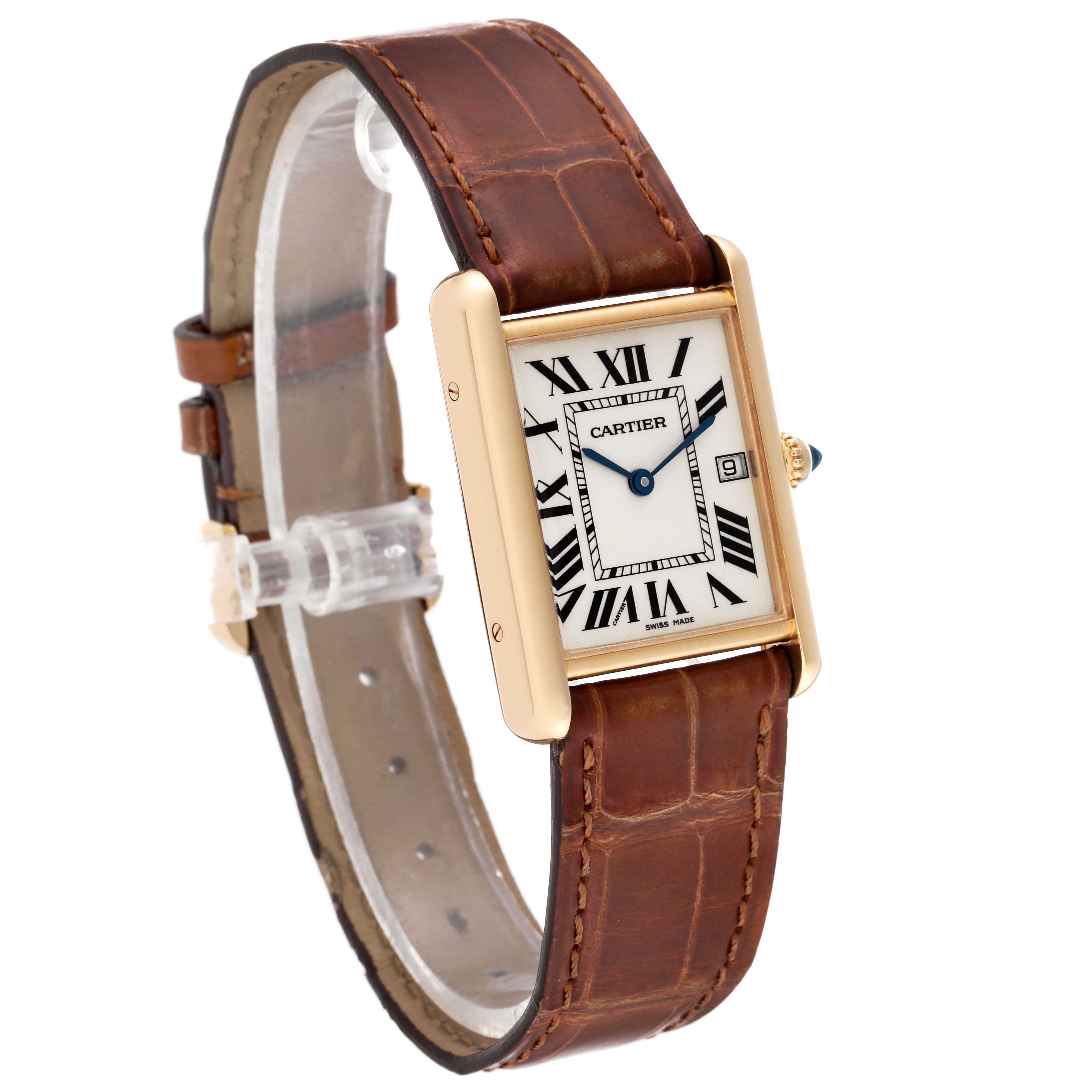 The Cartier Tank Louis W1529756 Men
s Yellow Gold Silver Dial W1529756 Men
s Yellow Gold Silver Dial watch is shown at a slight angle, highlighting the face, rectangular gold case, and brown leather strap.