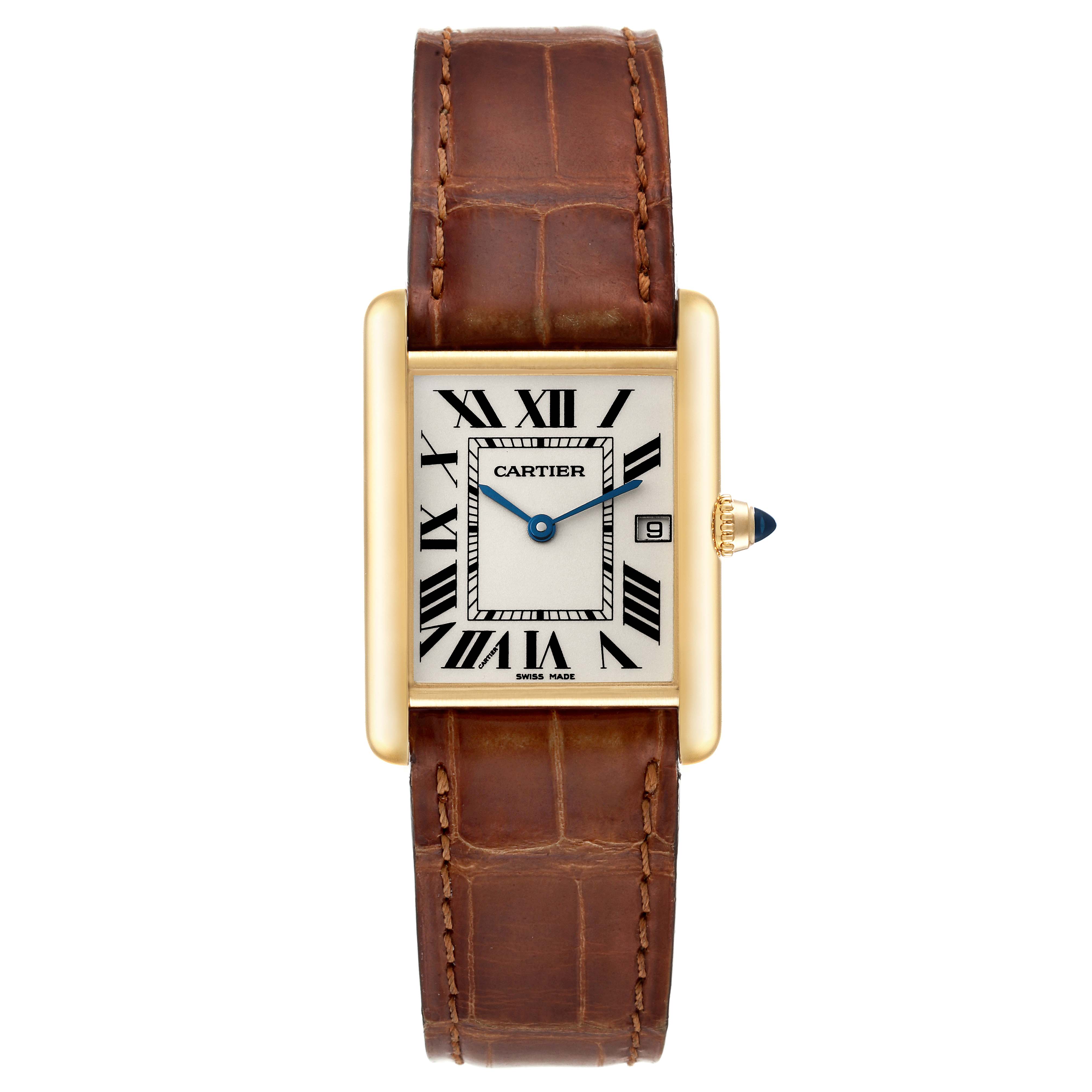 The image shows a frontal view of a Cartier Tank Louis W1529756 Men
s Yellow Gold Silver Dial W1529756 Men
s Yellow Gold Silver Dial watch, displaying its dial, case, bezel, crown, and leather strap.