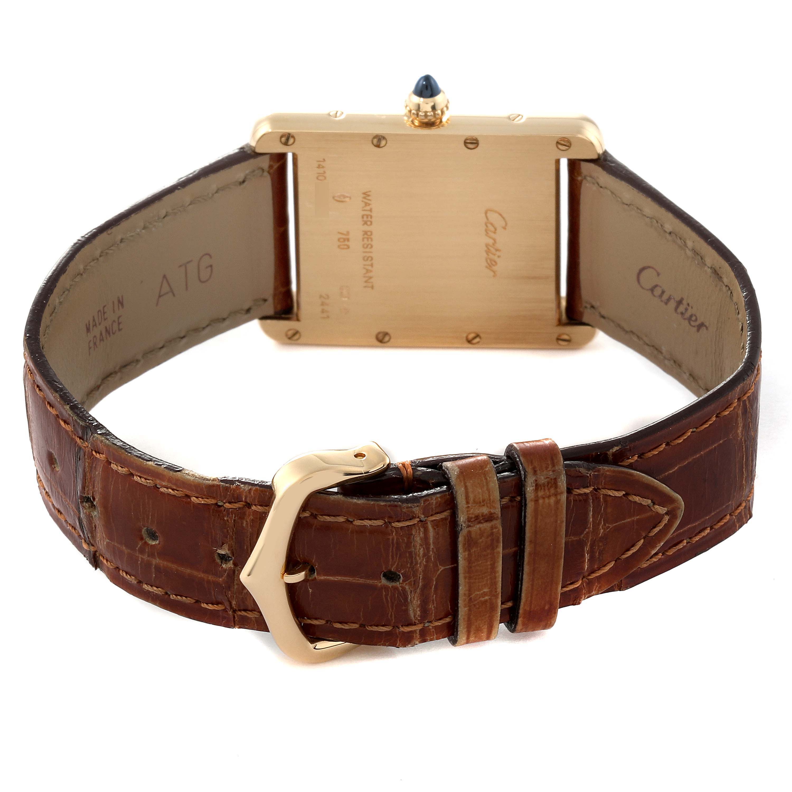 This image shows the back of the Cartier Tank Louis W1529756 Men
s Yellow Gold Silver Dial W1529756 Men
s Yellow Gold Silver Dial watch, including the case back, leather strap, and buckle.