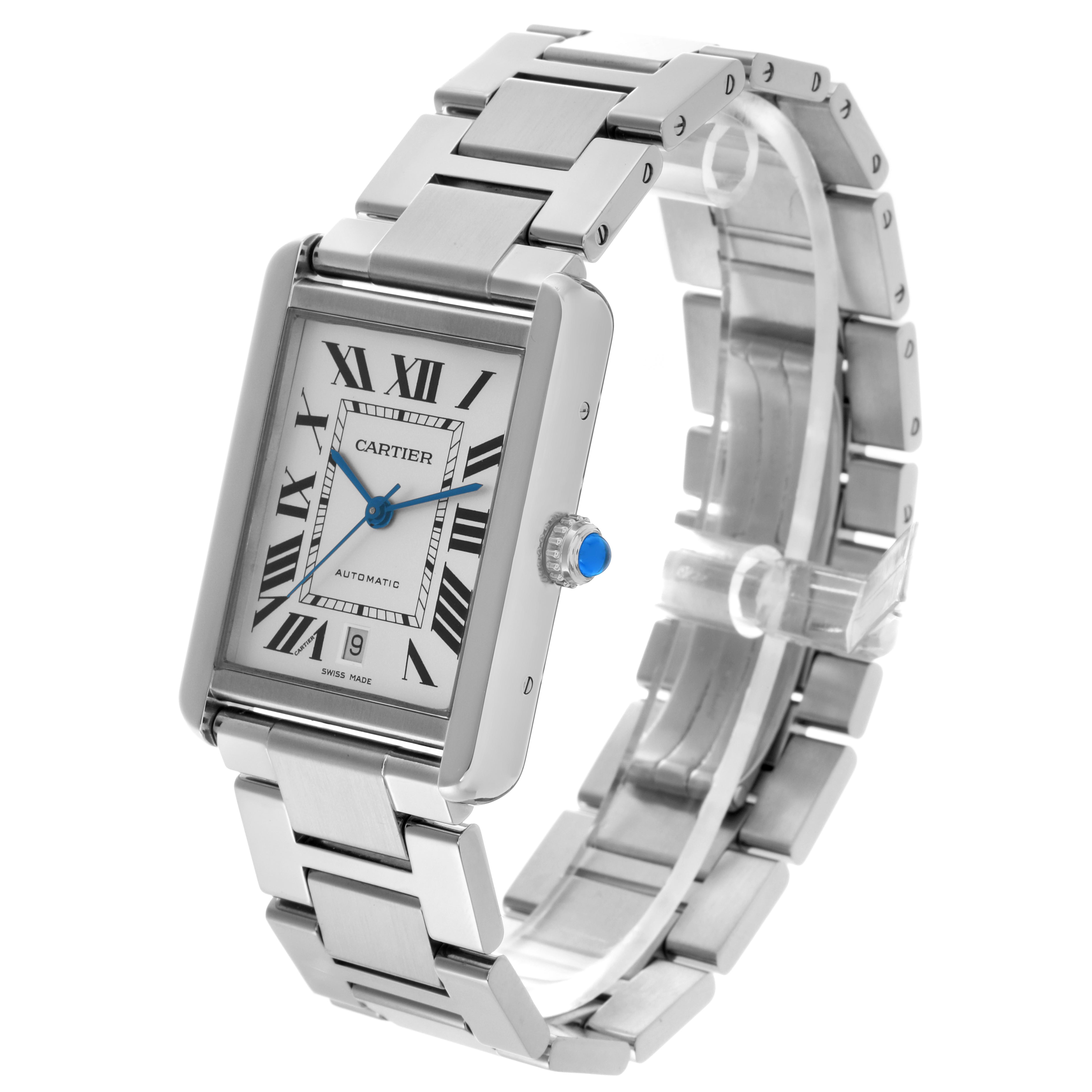 The Cartier Tank Solo W5200028 Men's Stainless Steel Silver Dial W5200028 Men's Stainless Steel Silver Dial watch is shown at a three-quarter angle, highlighting the face, bracelet, and crown.