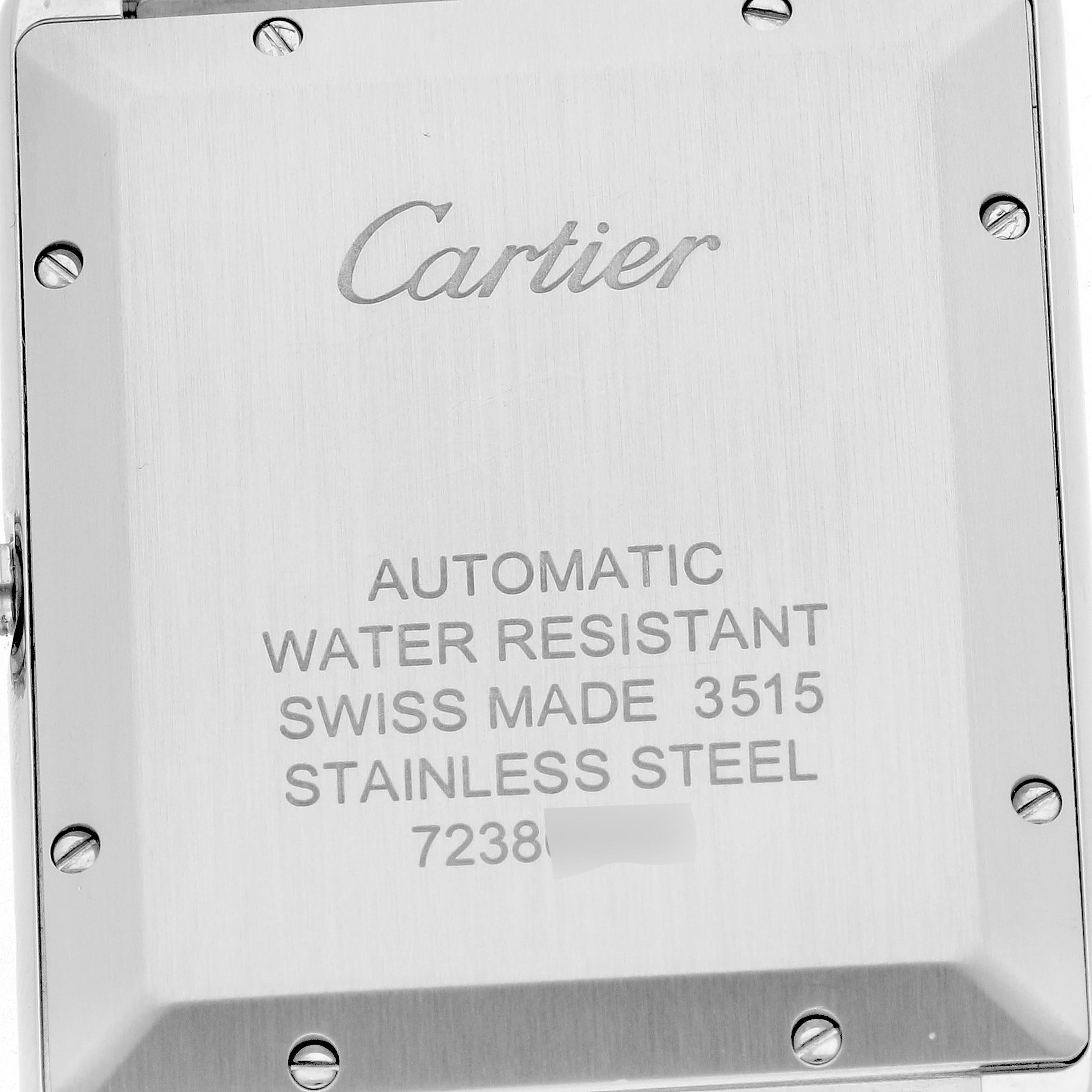 The image shows the case back of the Cartier Tank Solo W5200028 Men's Stainless Steel Silver Dial W5200028 Men's Stainless Steel Silver Dial watch, highlighting the inscriptions.