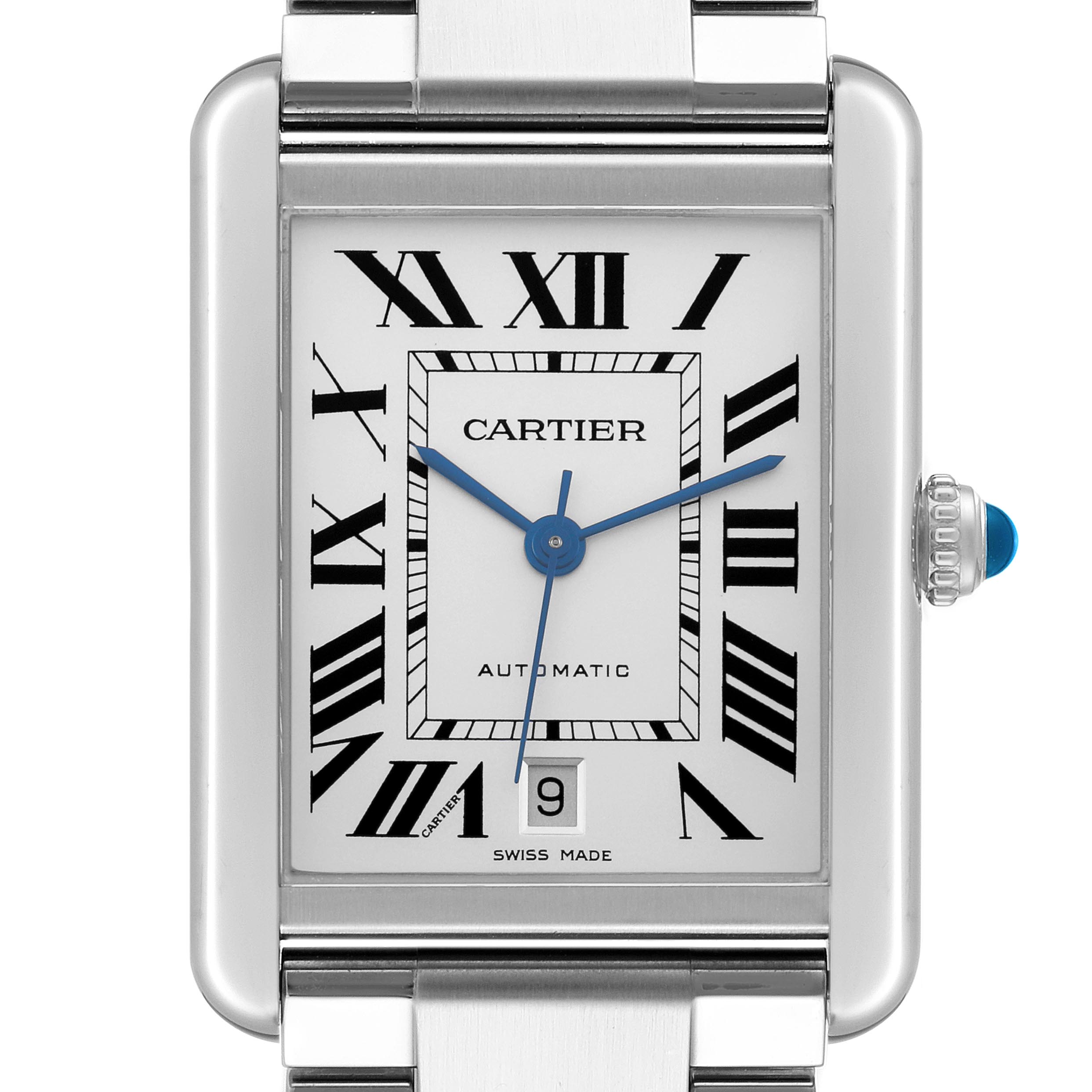 The Cartier Tank Solo W5200028 Men's Stainless Steel Silver Dial W5200028 Men's Stainless Steel Silver Dial watch is shown from the front, highlighting its face, Roman numerals, hands, and crown with a blue cabochon.
