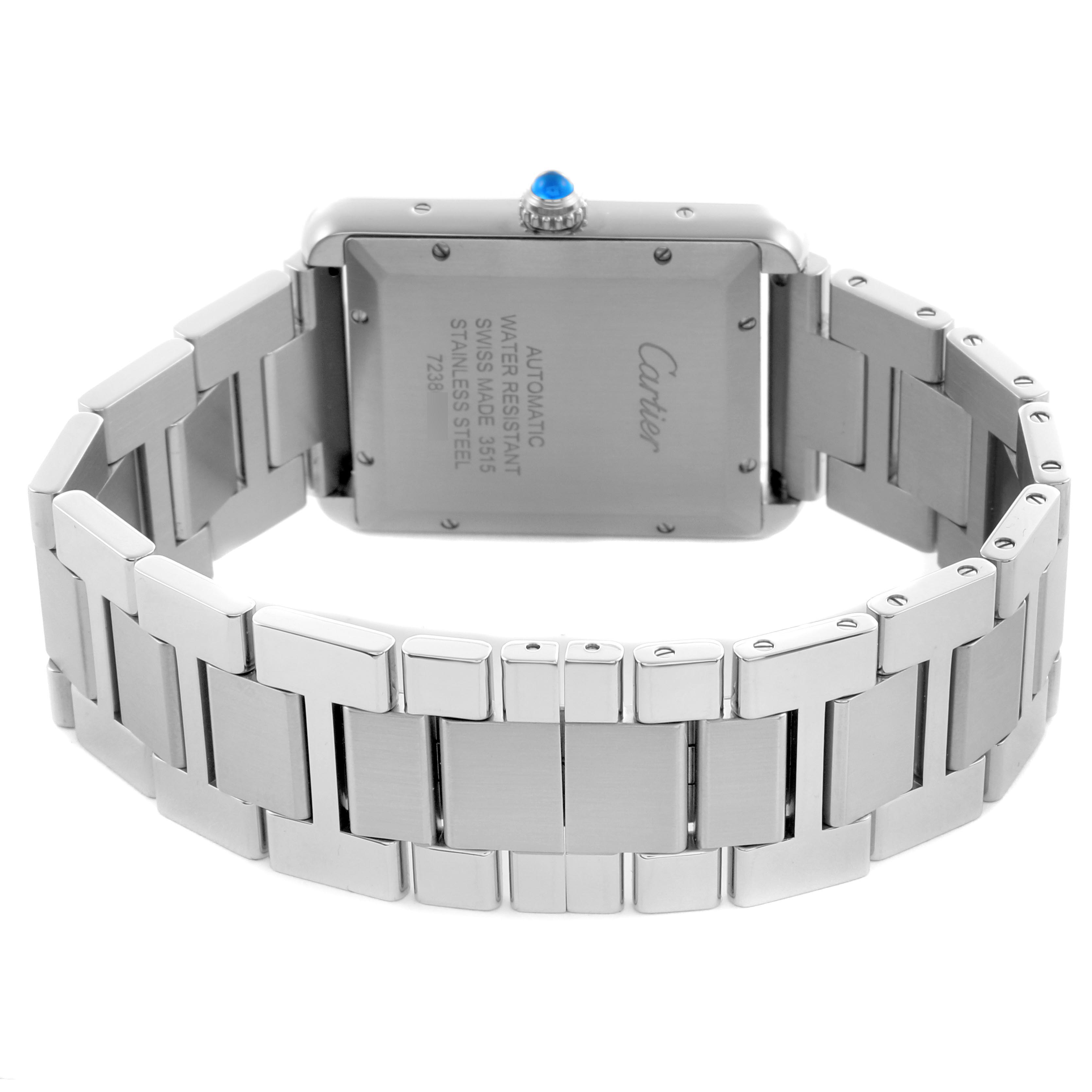 The image shows the back of the Cartier Tank Solo W5200028 Men's Stainless Steel Silver Dial W5200028 Men's Stainless Steel Silver Dial watch, highlighting the bracelet and blue crown from a rear angle.