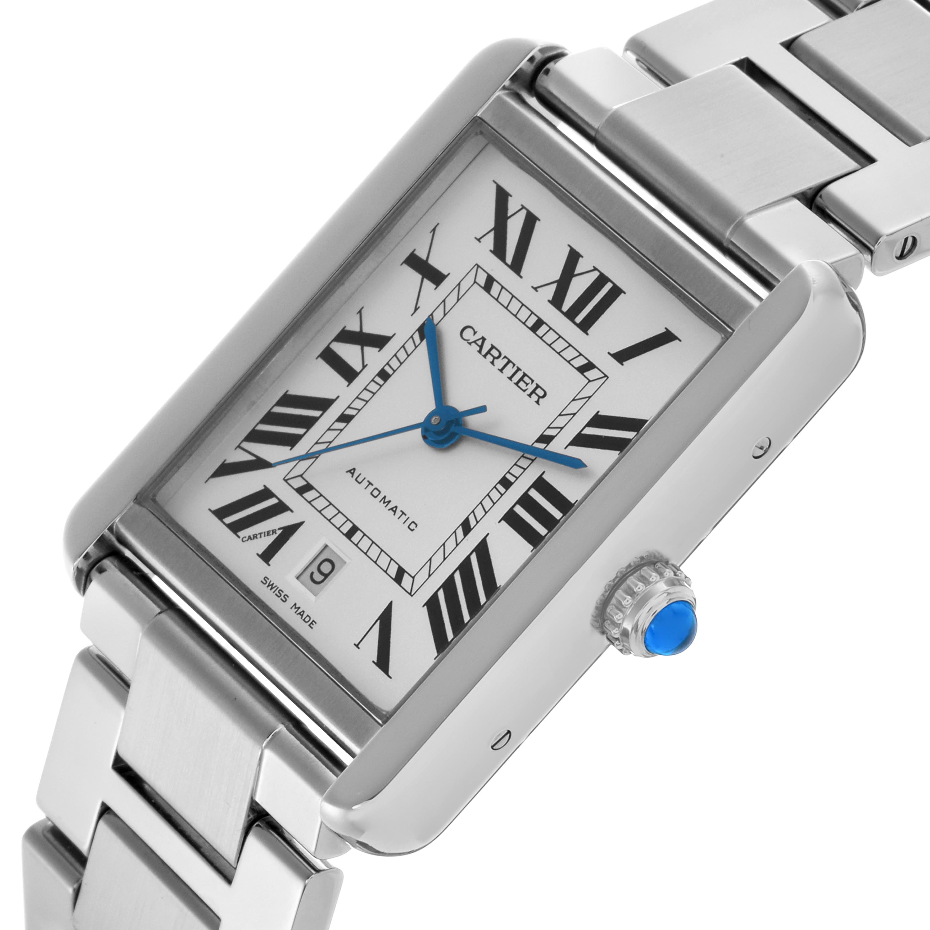 The Cartier Tank Solo W5200028 Men's Stainless Steel Silver Dial W5200028 Men's Stainless Steel Silver Dial watch is shown at an angled view highlighting the rectangular case, Roman numeral dial, crown, and bracelet.