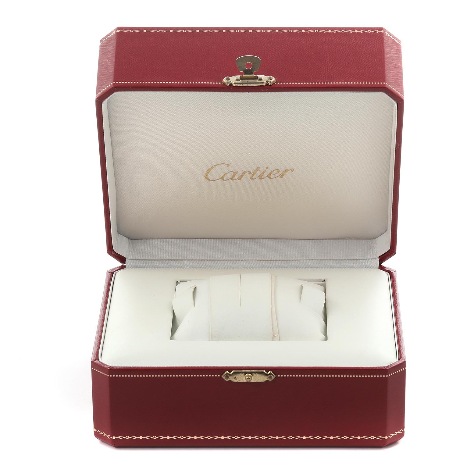The image shows a Cartier Tank Solo W5200028 Men's Stainless Steel Silver Dial W5200028 Men's Stainless Steel Silver Dial watch box, open from the front, displaying its cushioned interior.