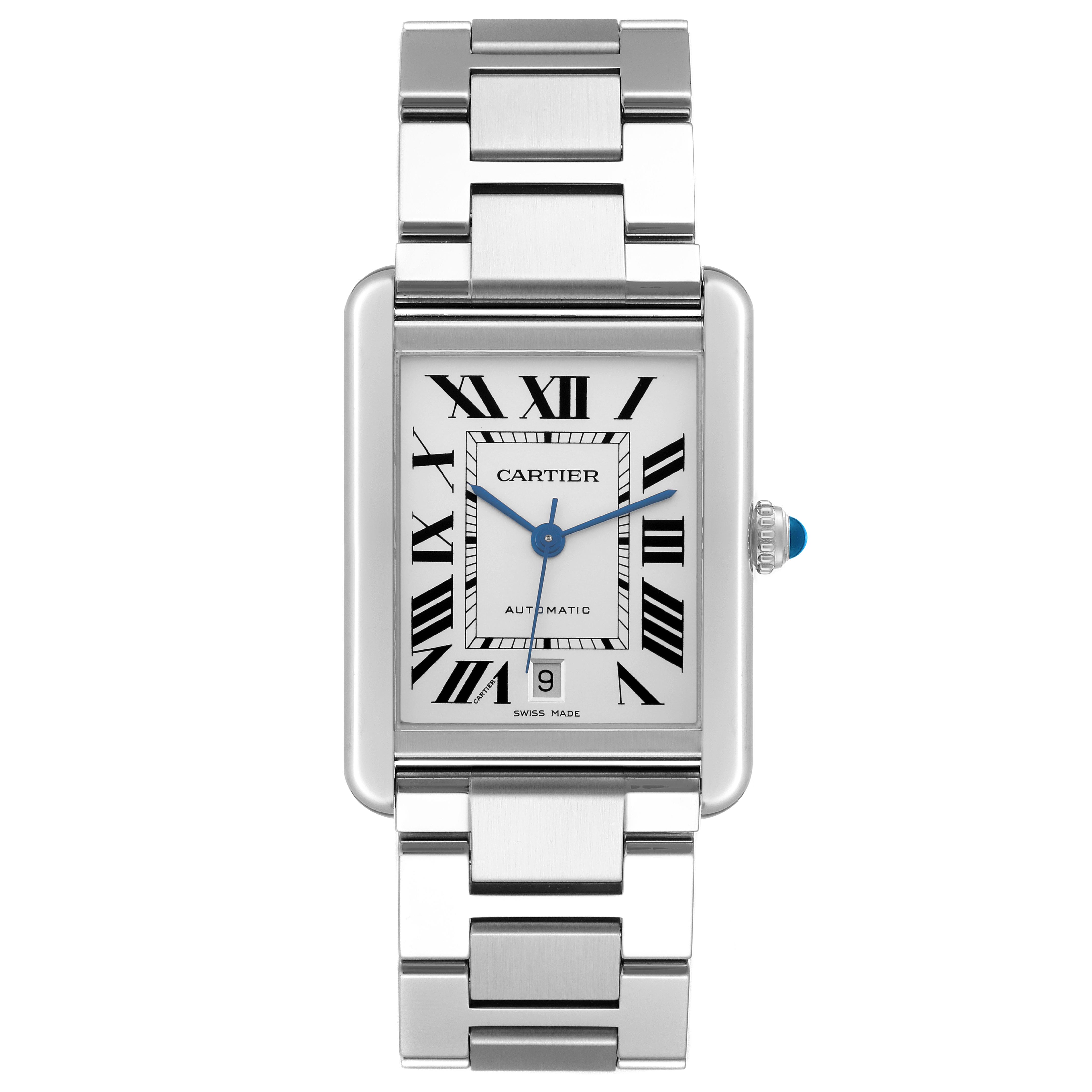 The Cartier Tank Solo W5200028 Men's Stainless Steel Silver Dial W5200028 Men's Stainless Steel Silver Dial watch is shown from the front, displaying the face, Roman numerals, and metal bracelet.