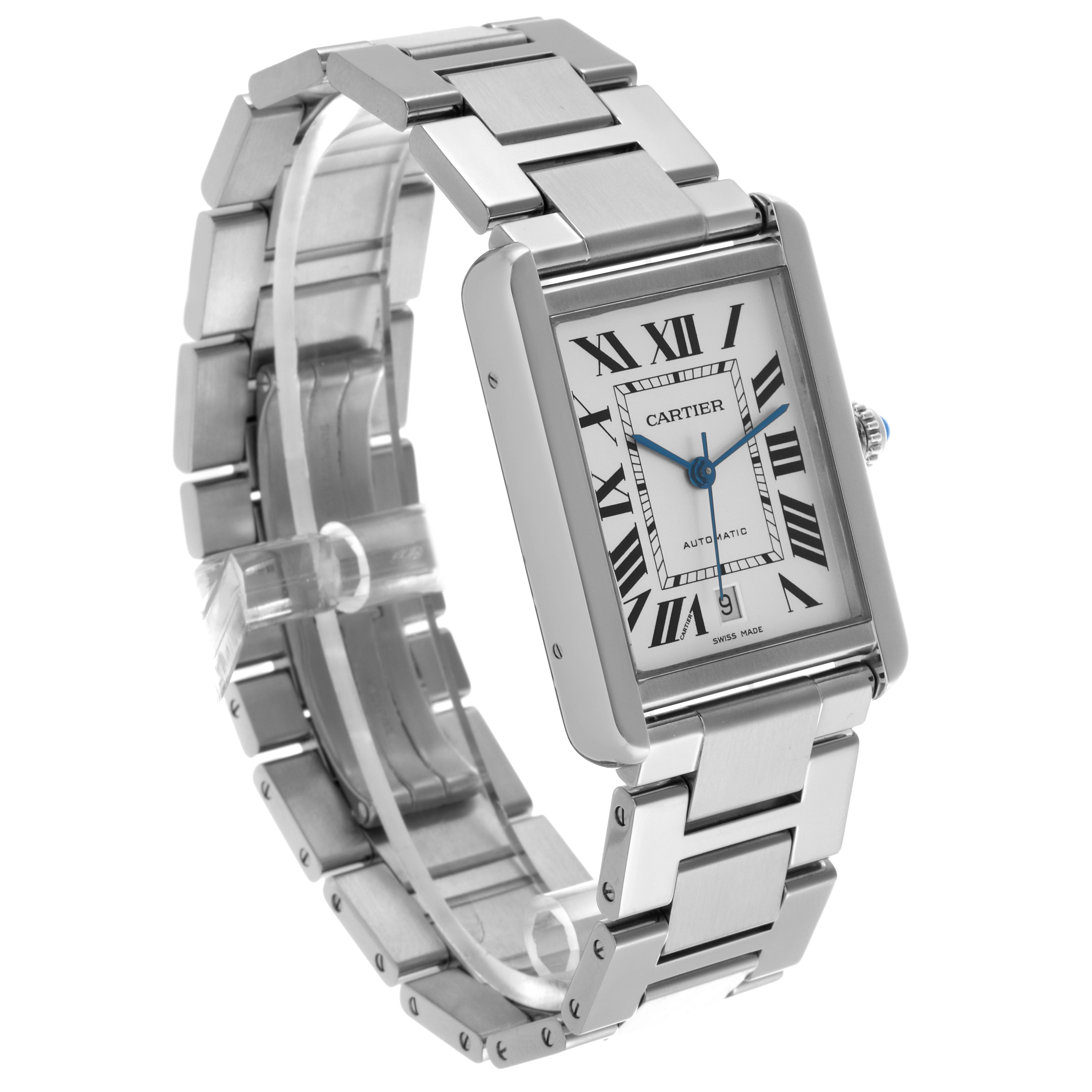The Cartier Tank Solo W5200028 Men's Stainless Steel Silver Dial W5200028 Men's Stainless Steel Silver Dial watch is shown at a three-quarter angle, highlighting its rectangular face, Roman numerals, and metal bracelet.
