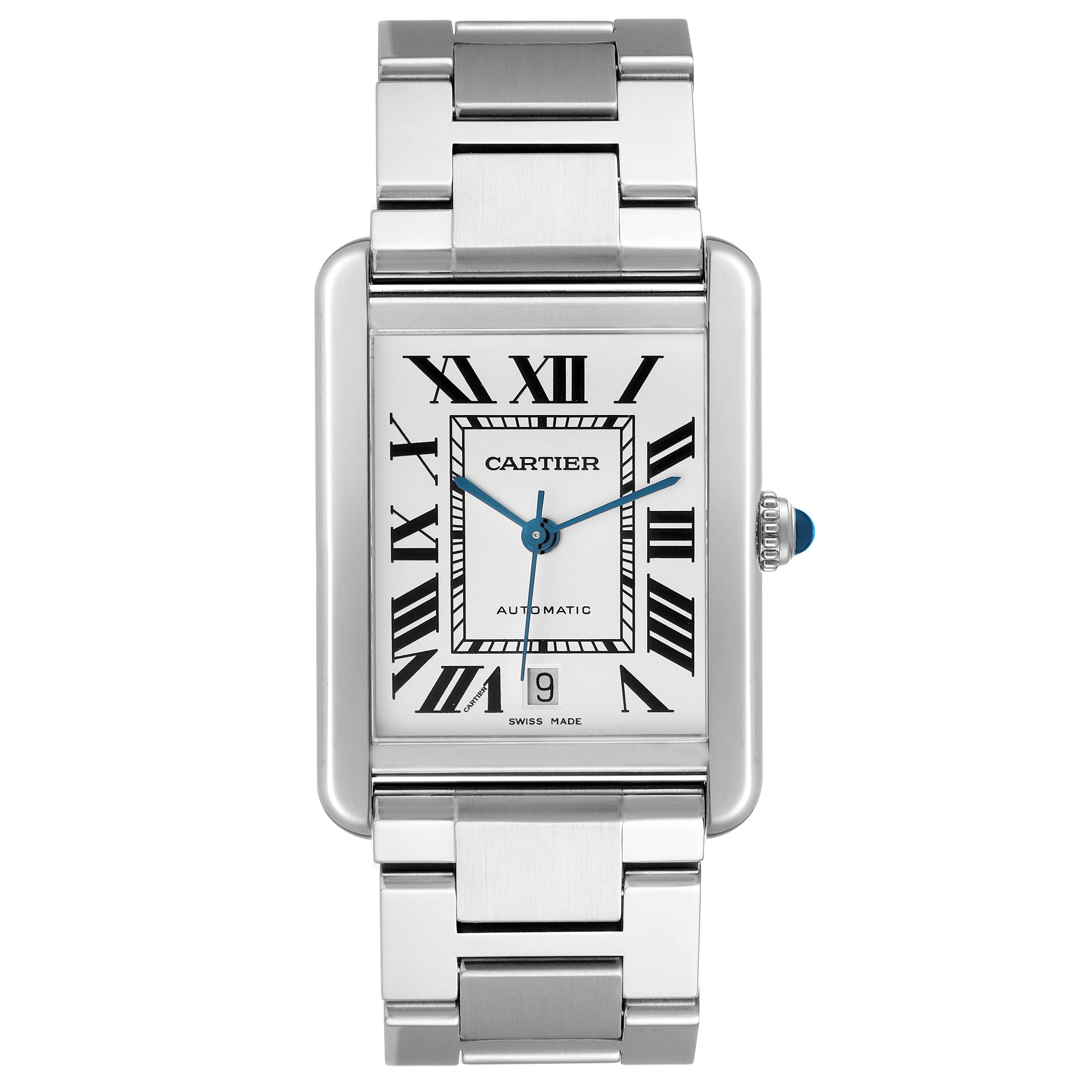 The Cartier Tank Solo W5200028 Men's Stainless Steel Silver Dial watch is shown from a front angle, displaying the face, bracelet, and crown.