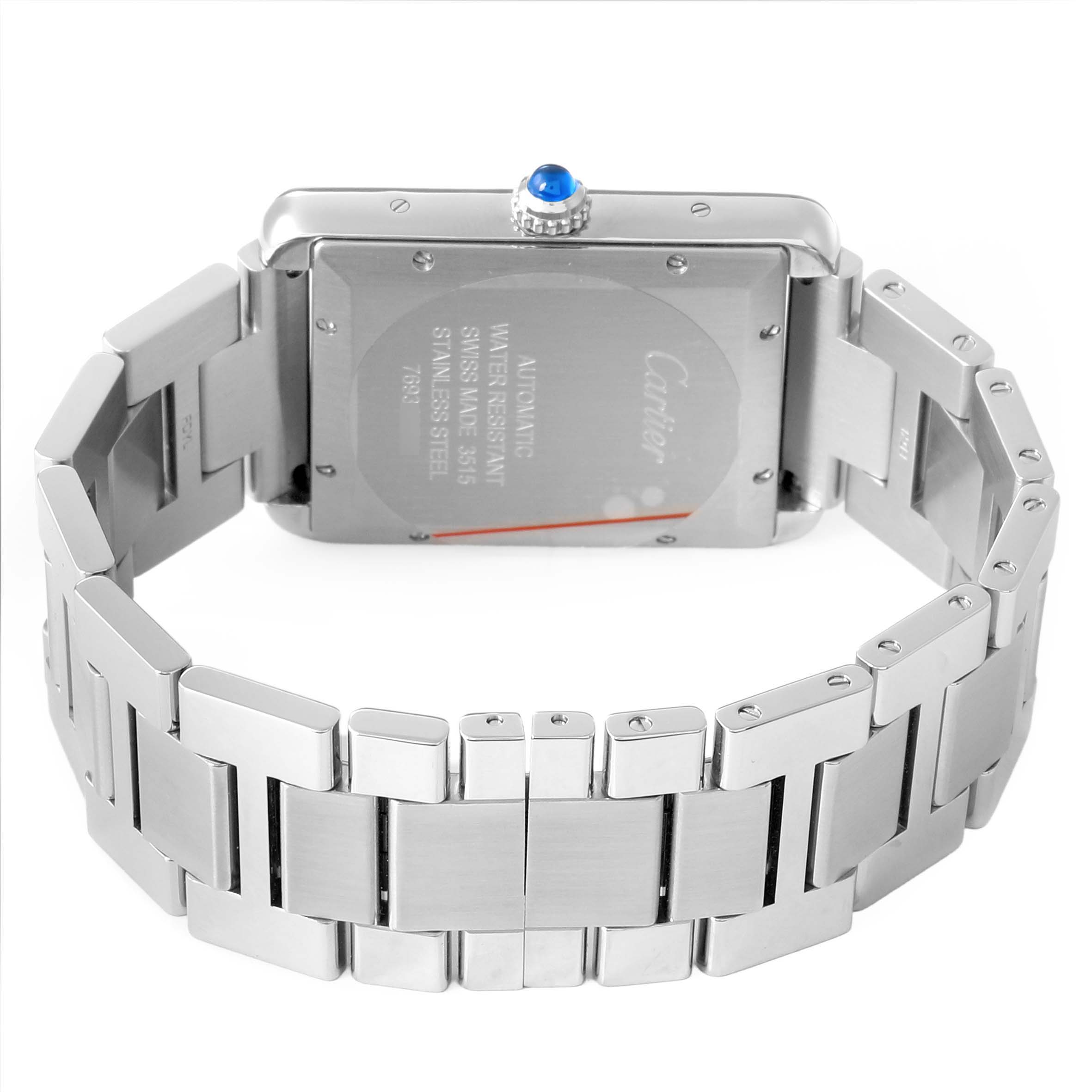 The image shows the back case and bracelet of a Cartier Tank Solo W5200028 Men's Stainless Steel Silver Dial watch.