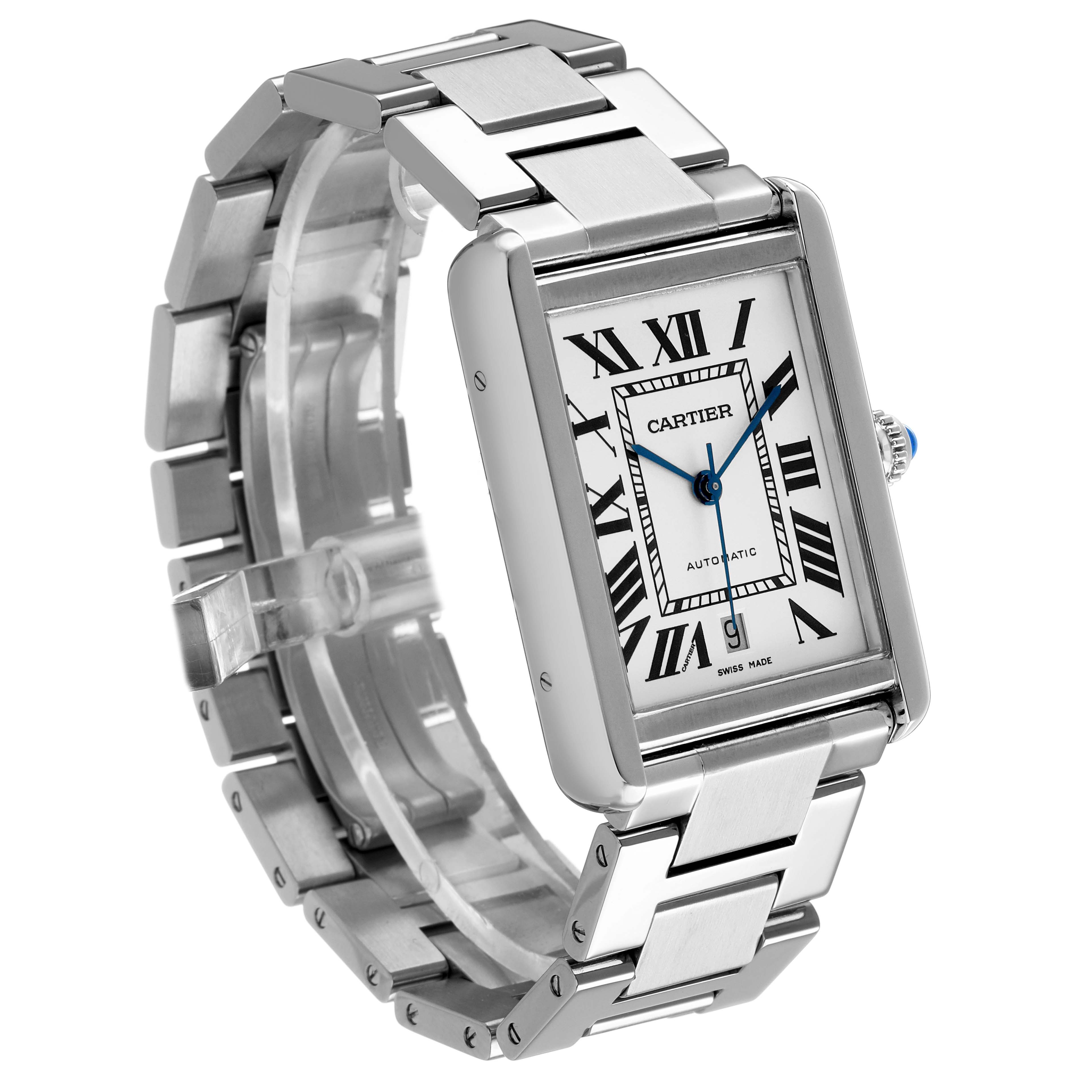 This image shows the Cartier Tank Solo W5200028 Men's Stainless Steel Silver Dial watch at a three-quarter angle, highlighting its rectangular face, metal bracelet, and crown.