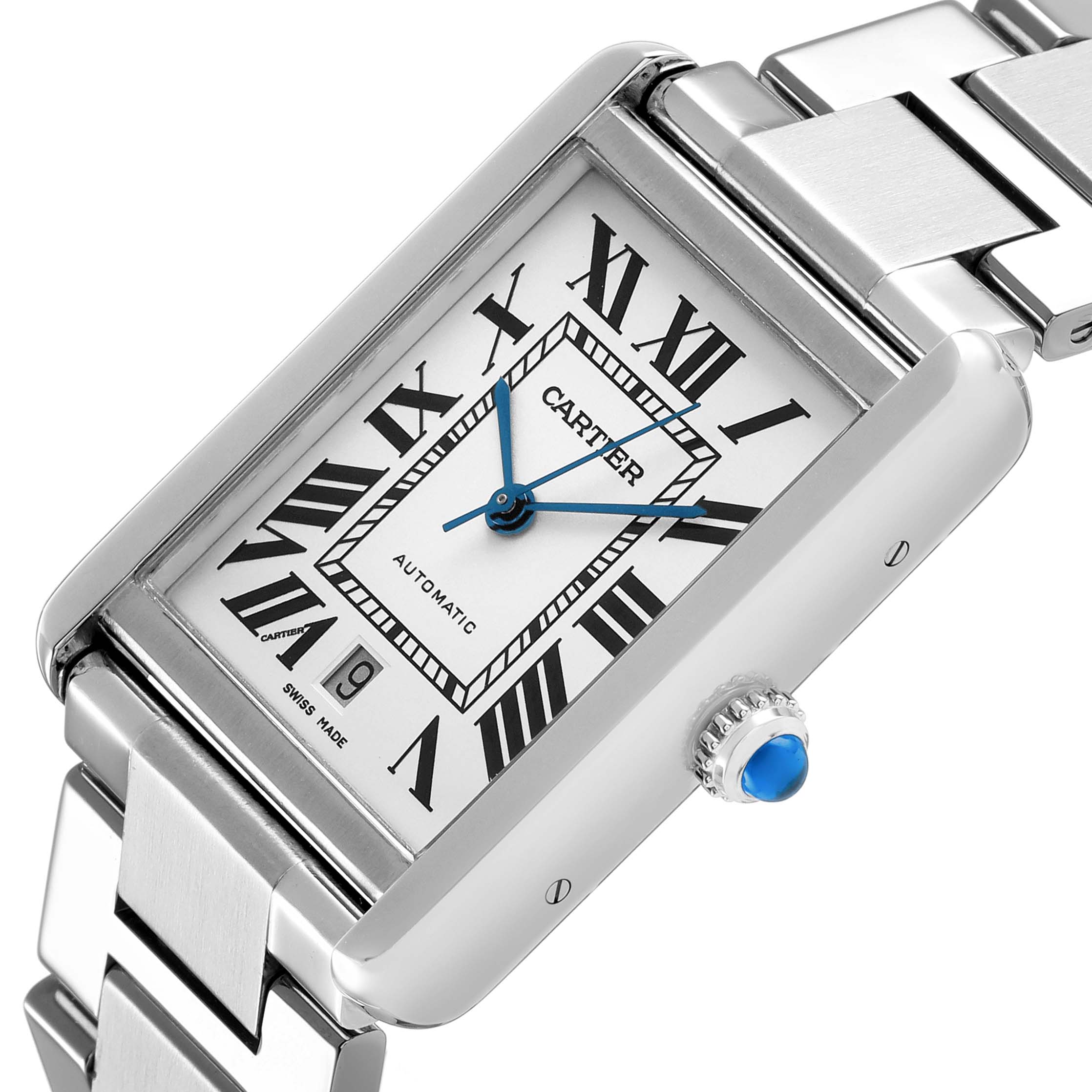The Cartier Tank Solo W5200028 Men's Stainless Steel Silver Dial watch is shown at an angled view, highlighting its face, crown with a blue cabochon, and linked bracelet.