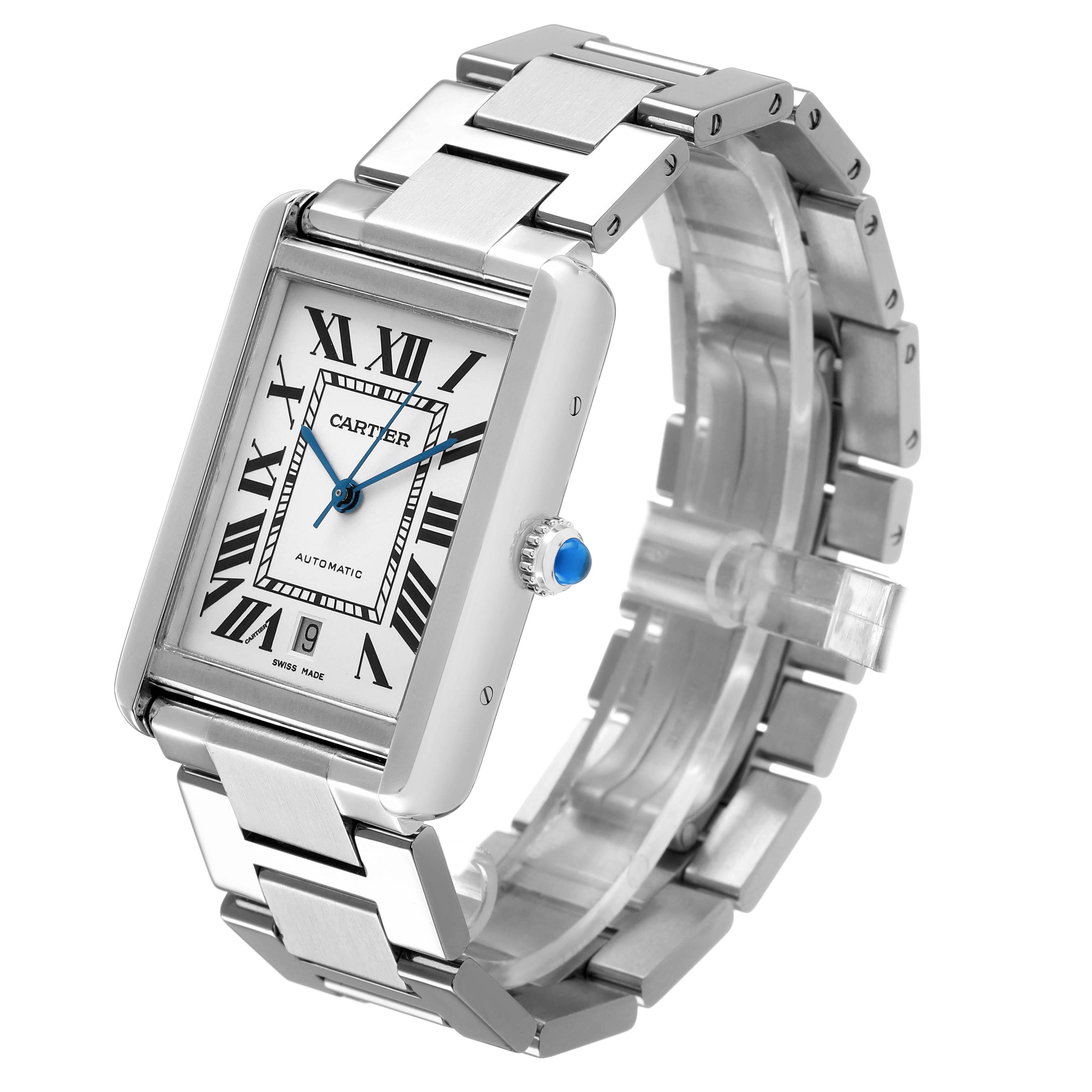 The Cartier Tank Solo W5200028 Men's Stainless Steel Silver Dial watch is shown at an angled side view displaying its rectangular face, Roman numerals, metal bracelet, and sapphire crown.