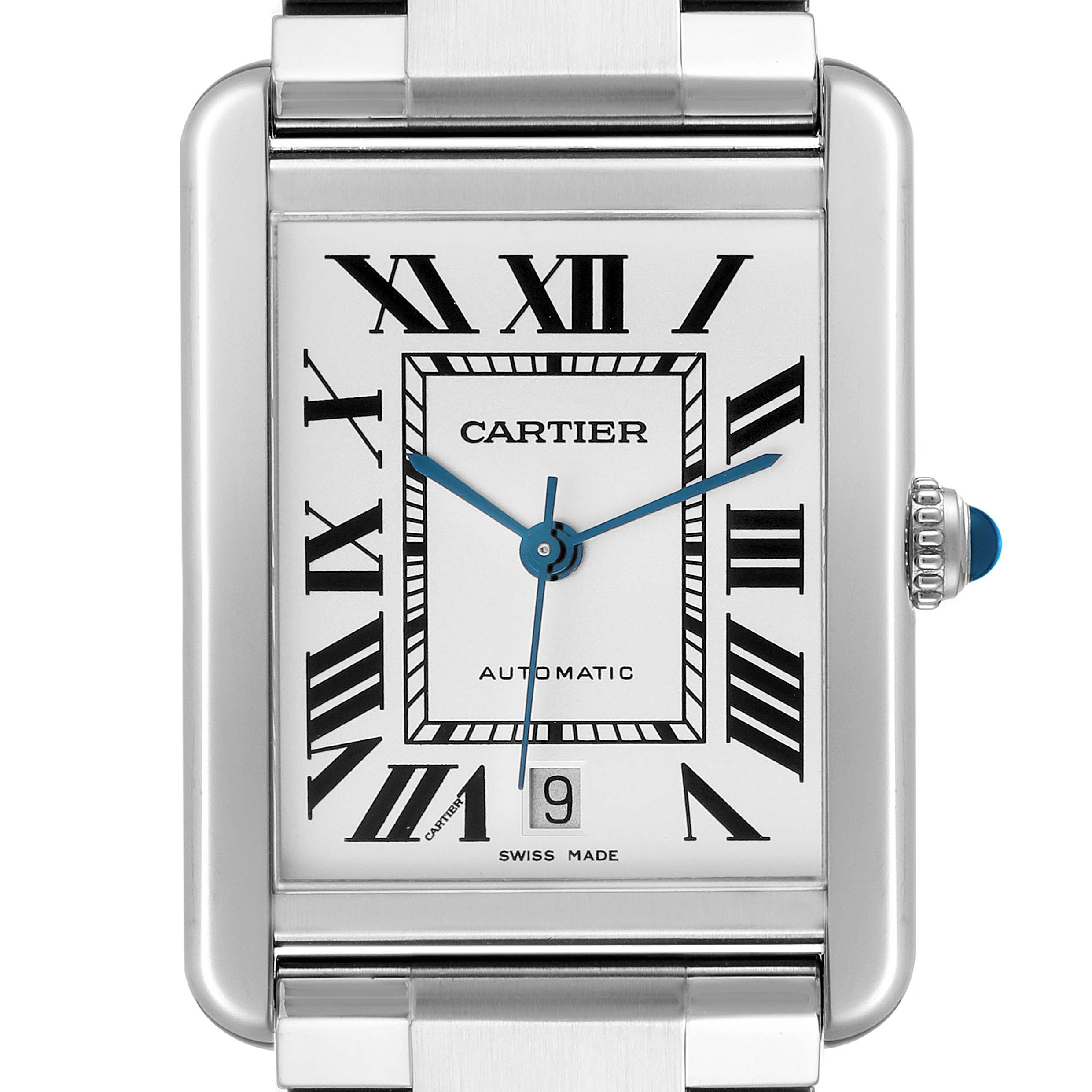 The Cartier Tank Solo W5200028 Men's Stainless Steel Silver Dial watch is shown from the front, highlighting its Roman numerals, blue hands, crown with a blue cabochon, and bracelet.