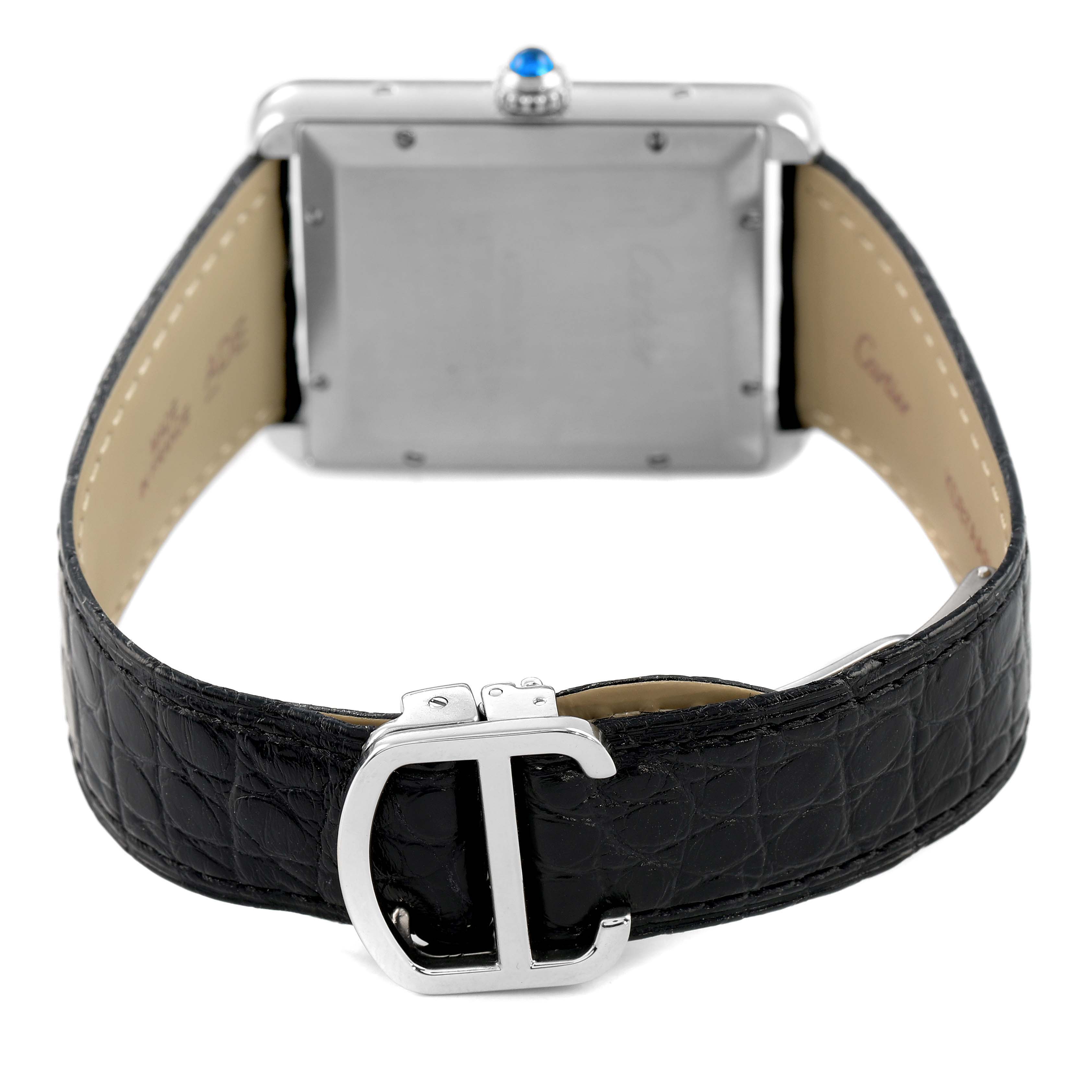 The image shows the back side of the Cartier Tank Solo W5200027 Men's Stainless Steel Silver Dial watch, highlighting the leather strap and buckle.