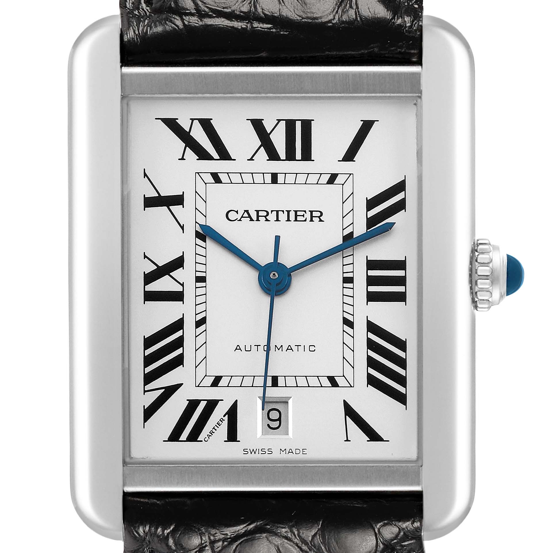The Cartier Tank Solo W5200027 Men's Stainless Steel Silver Dial watch is shown from the front, highlighting its face, Roman numerals, blue hands, and crown.