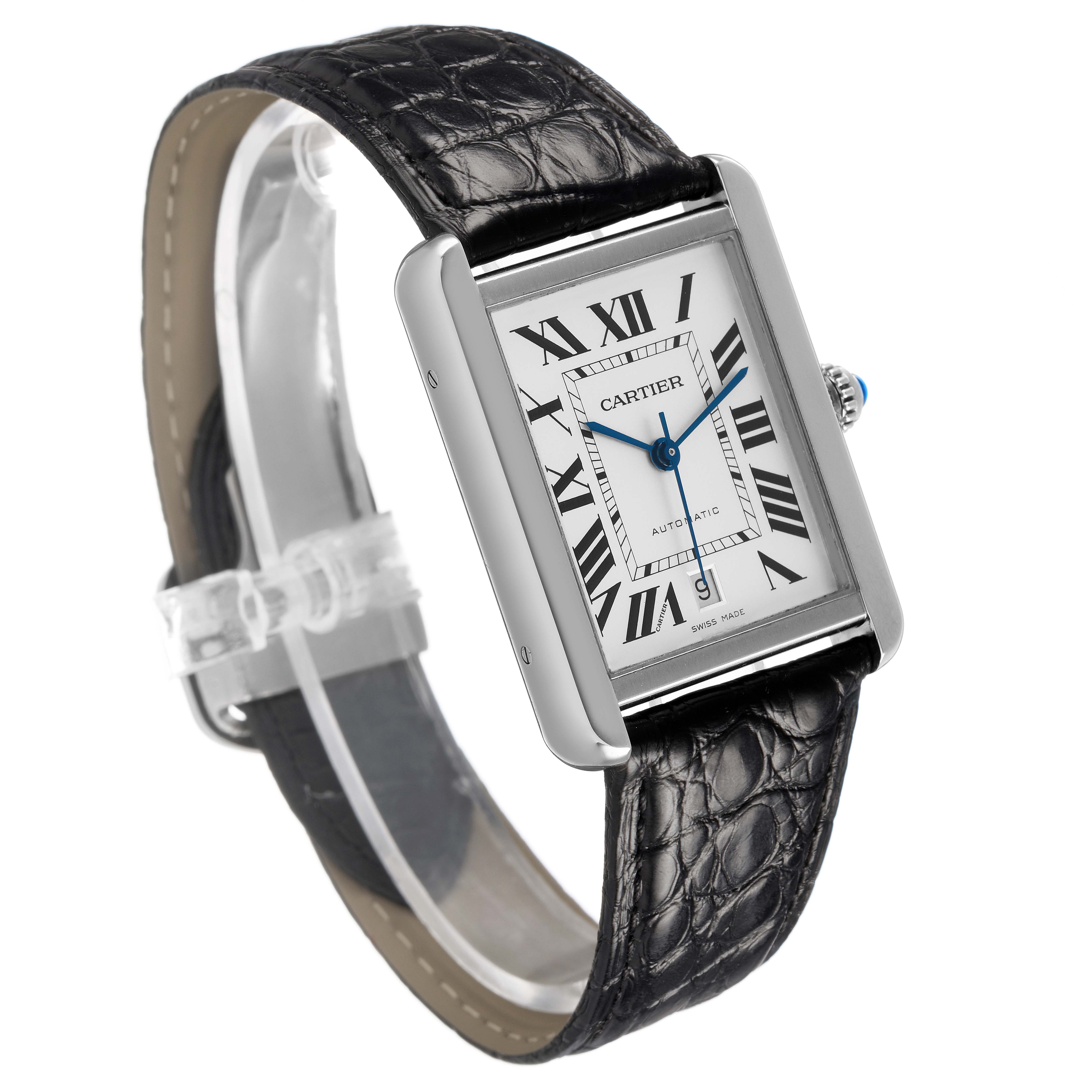 The Cartier Tank Solo W5200027 Men's Stainless Steel Silver Dial watch is shown at a slight angle, highlighting its face, leather strap, and crown.