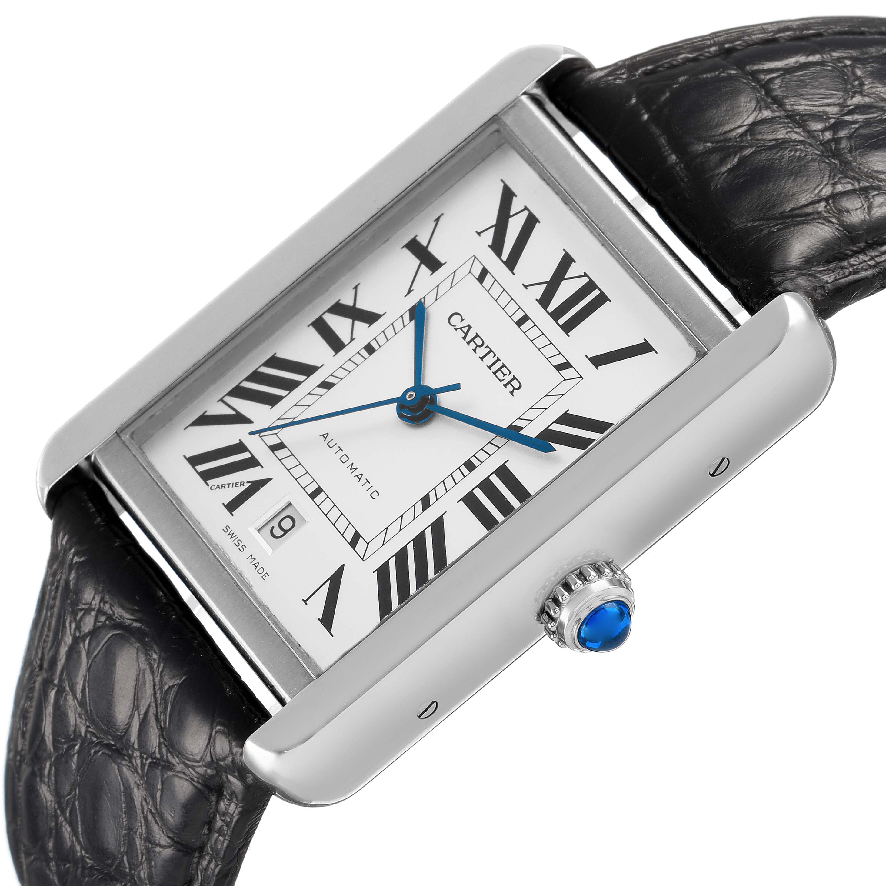 The Cartier Tank Solo W5200027 Men's Stainless Steel Silver Dial watch is shown at an angle highlighting the face, strap, side profile, and crown with a blue gemstone.