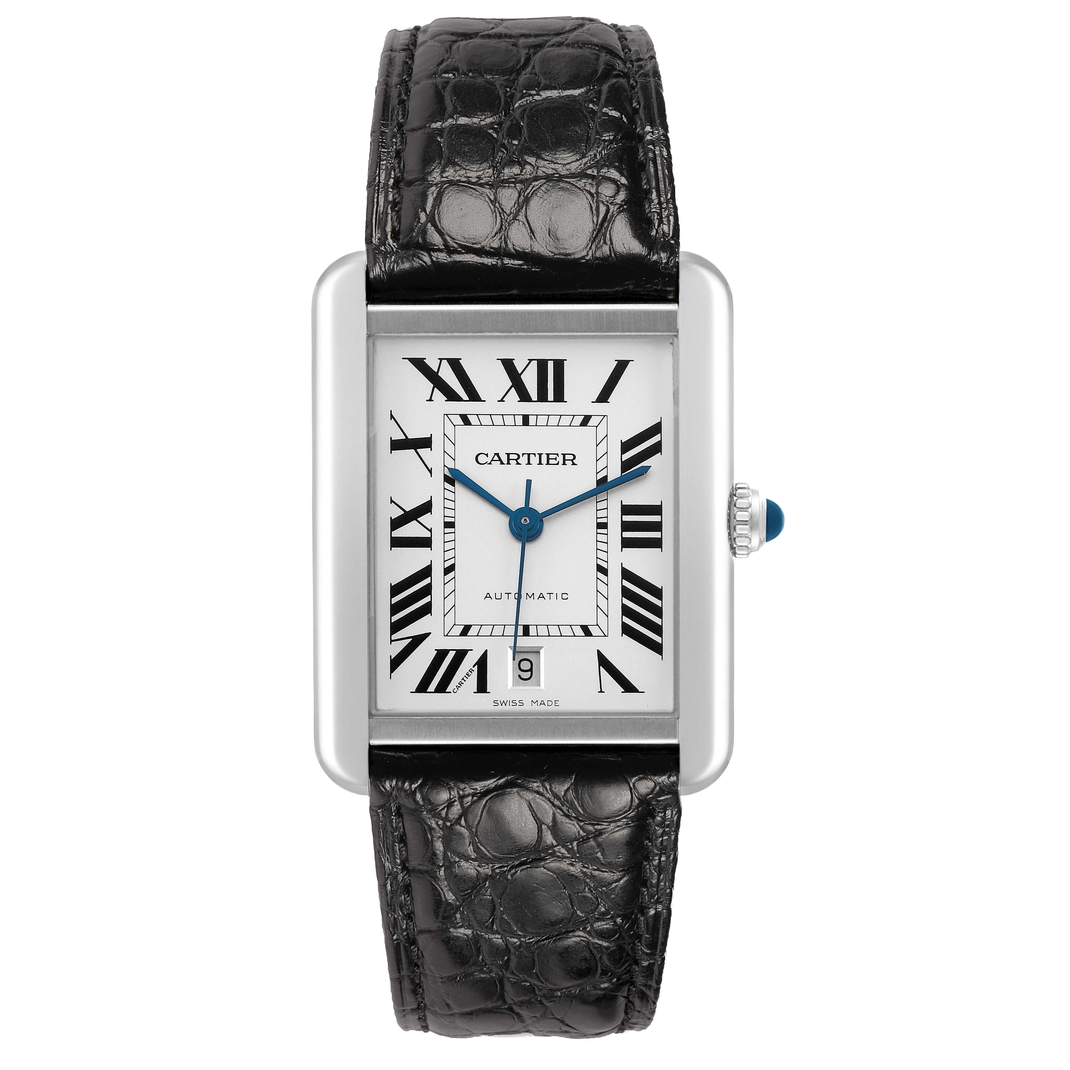 The Cartier Tank Solo W5200027 Men's Stainless Steel Silver Dial watch is shown from a front view, highlighting its rectangular face, Roman numerals, and leather strap.