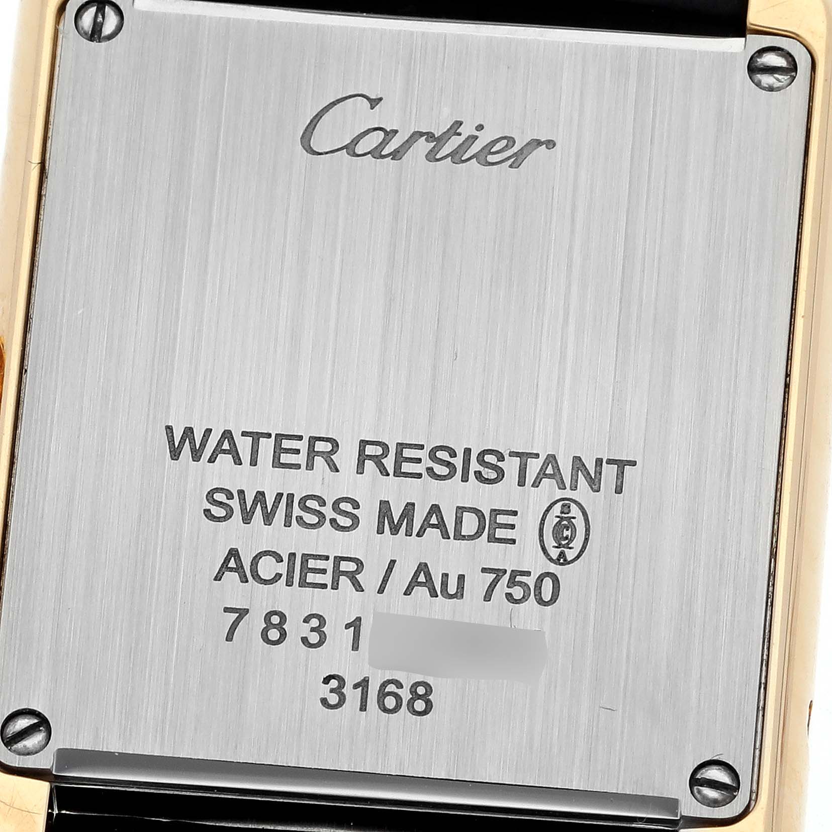 This image shows the back case of a Cartier Tank Solo W5200002 Women's Steel and Gold (two tone) Silver Dial W5200002 Women's Steel and Gold (two tone) Silver Dial watch, highlighting its water resistance and Swiss Made engravings.