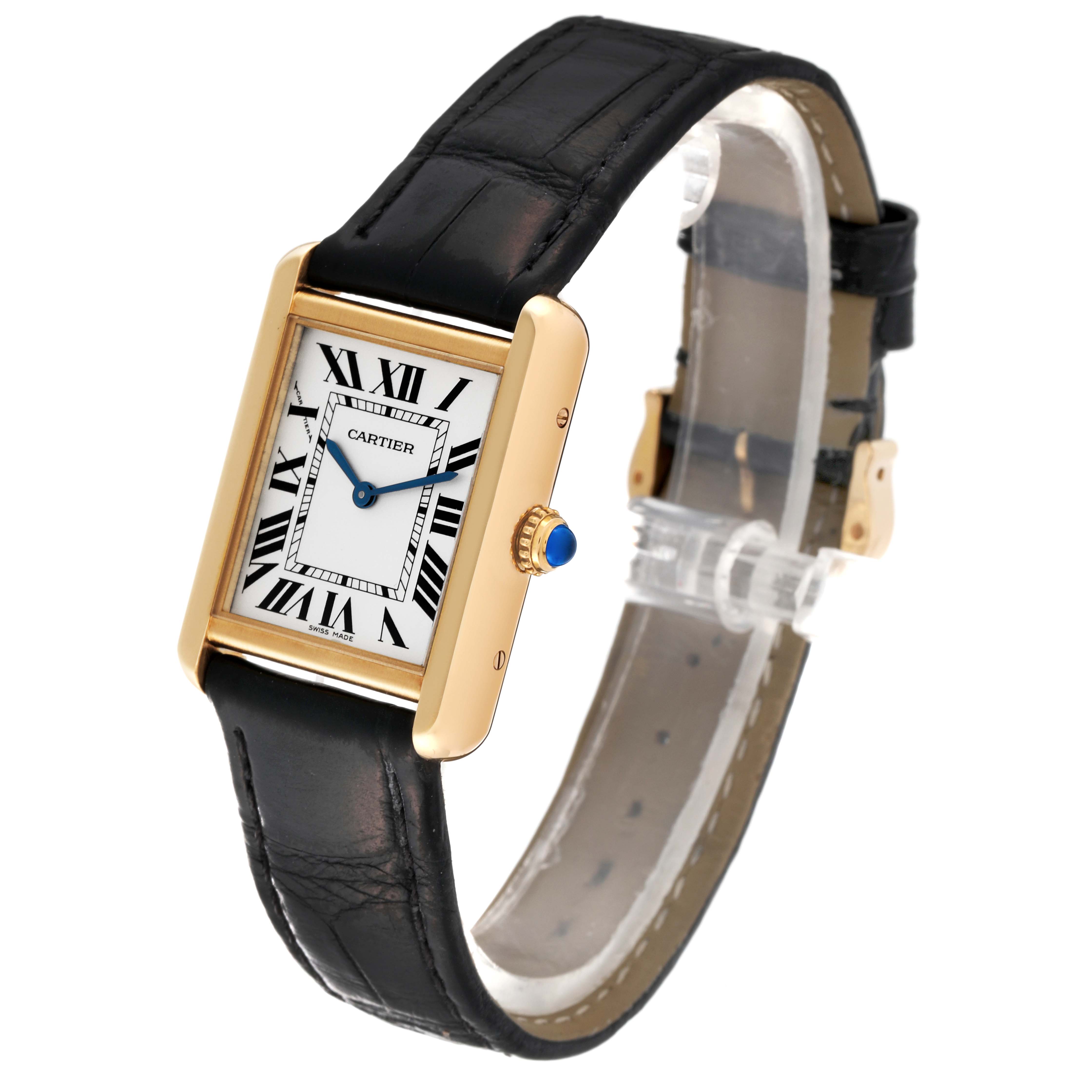 The image shows a Cartier Tank Solo W5200002 Women's Steel and Gold (two tone) Silver Dial W5200002 Women's Steel and Gold (two tone) Silver Dial watch at a three-quarter angle displaying its face, bezel, crown, and leather strap.