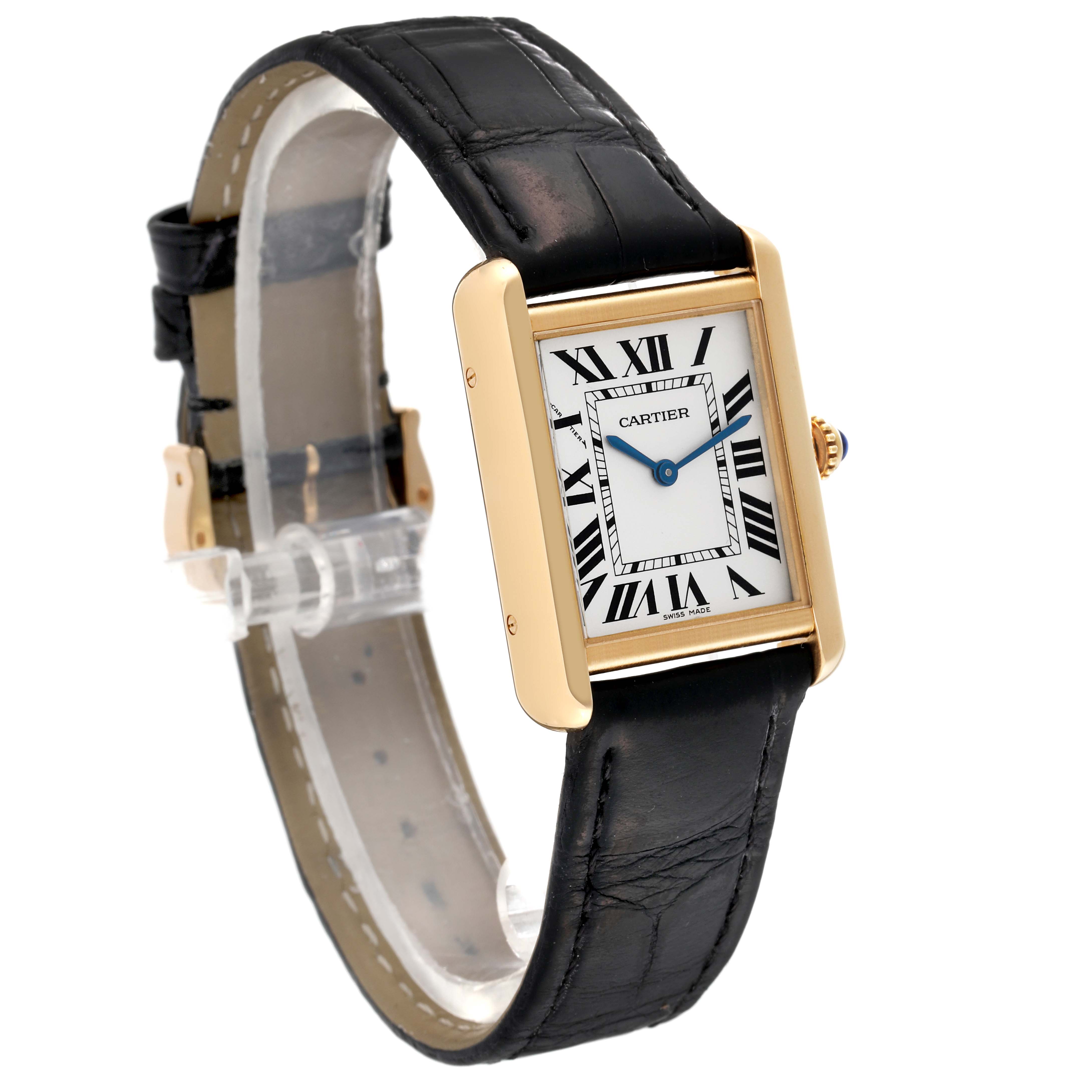 The image shows a Cartier Tank Solo W5200002 Women's Steel and Gold (two tone) Silver Dial W5200002 Women's Steel and Gold (two tone) Silver Dial watch at a three-quarter angle, highlighting its rectangular gold case, white dial, and black leather strap.