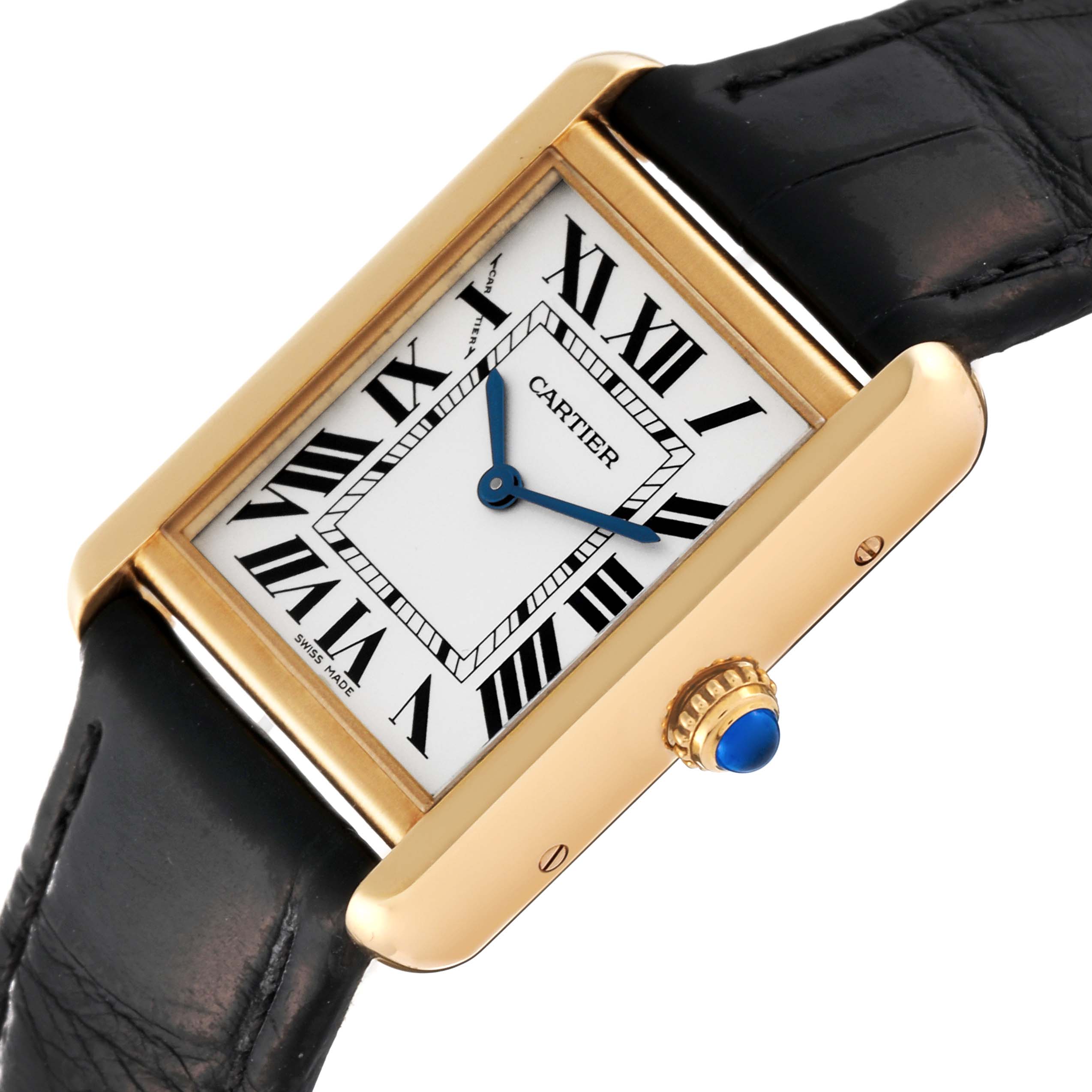 This image shows a Cartier Tank Solo W5200002 Women's Steel and Gold (two tone) Silver Dial W5200002 Women's Steel and Gold (two tone) Silver Dial watch at a slight angle, featuring the face, crown, and black leather strap.