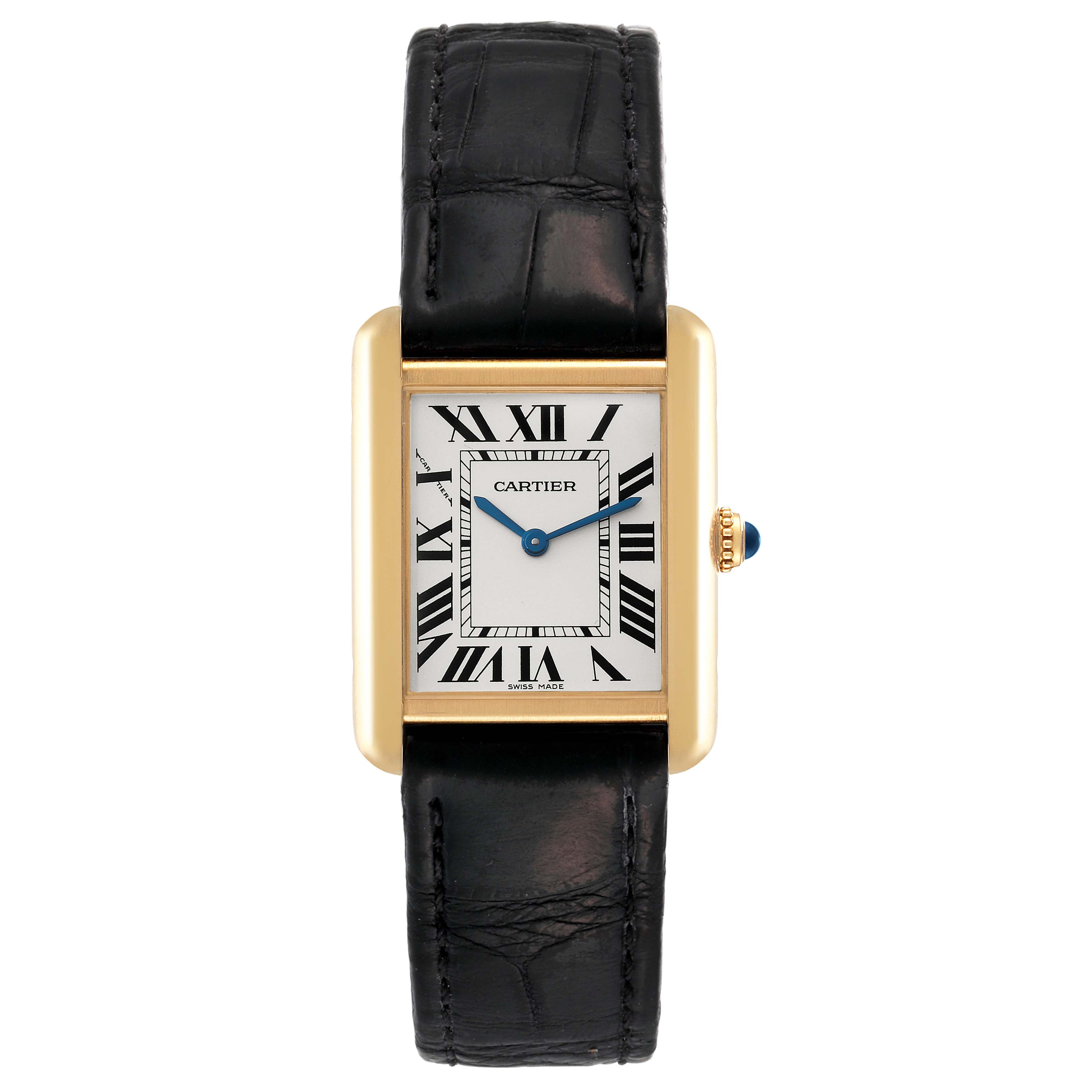 The image shows a Cartier Tank Solo W5200002 Women's Steel and Gold (two tone) Silver Dial W5200002 Women's Steel and Gold (two tone) Silver Dial watch from a front angle, featuring a rectangular dial, Roman numerals, gold case, and black leather strap.