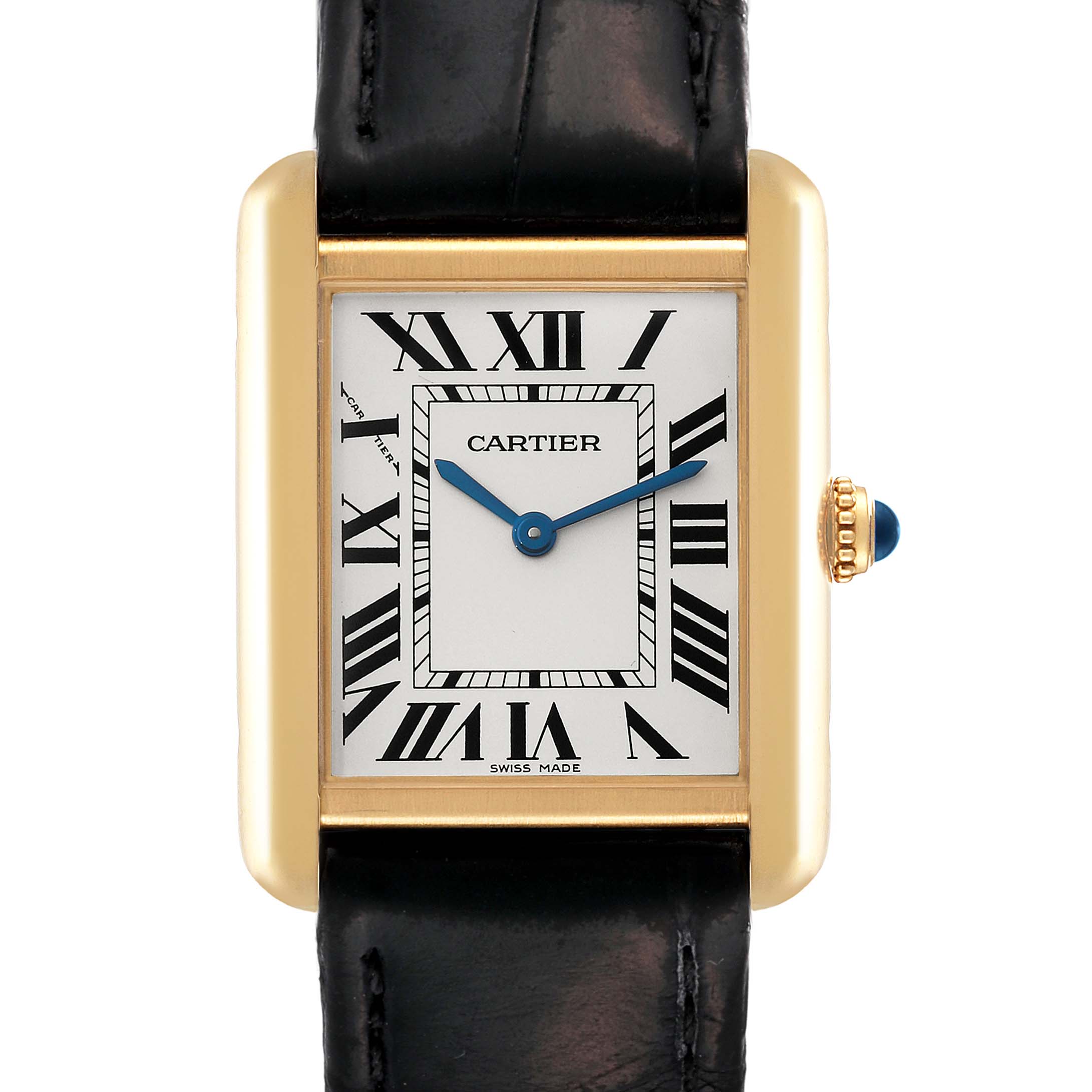 The image shows a Cartier Tank Solo W5200002 Women's Steel and Gold (two tone) Silver Dial W5200002 Women's Steel and Gold (two tone) Silver Dial watch front view, highlighting its rectangular face, Roman numerals, and the crown with a blue cabochon.