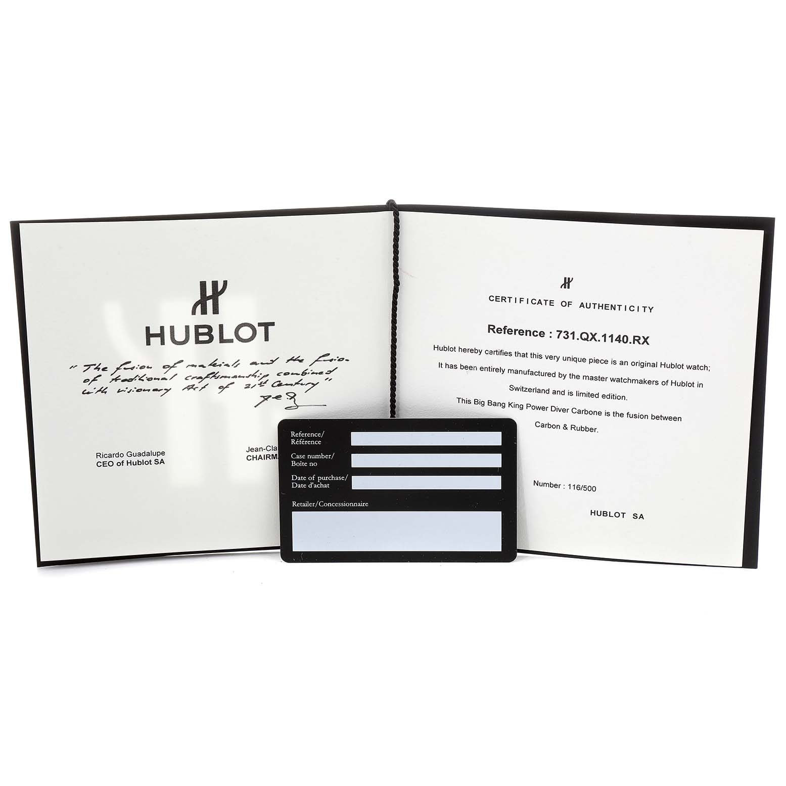 The image shows a certificate of authenticity and a blank warranty card for a Hublot Big Bang 731.QX.1140.RX Men's Titanium Black Dial 731.QX.1140.RX Men's Titanium Black Dial model watch.