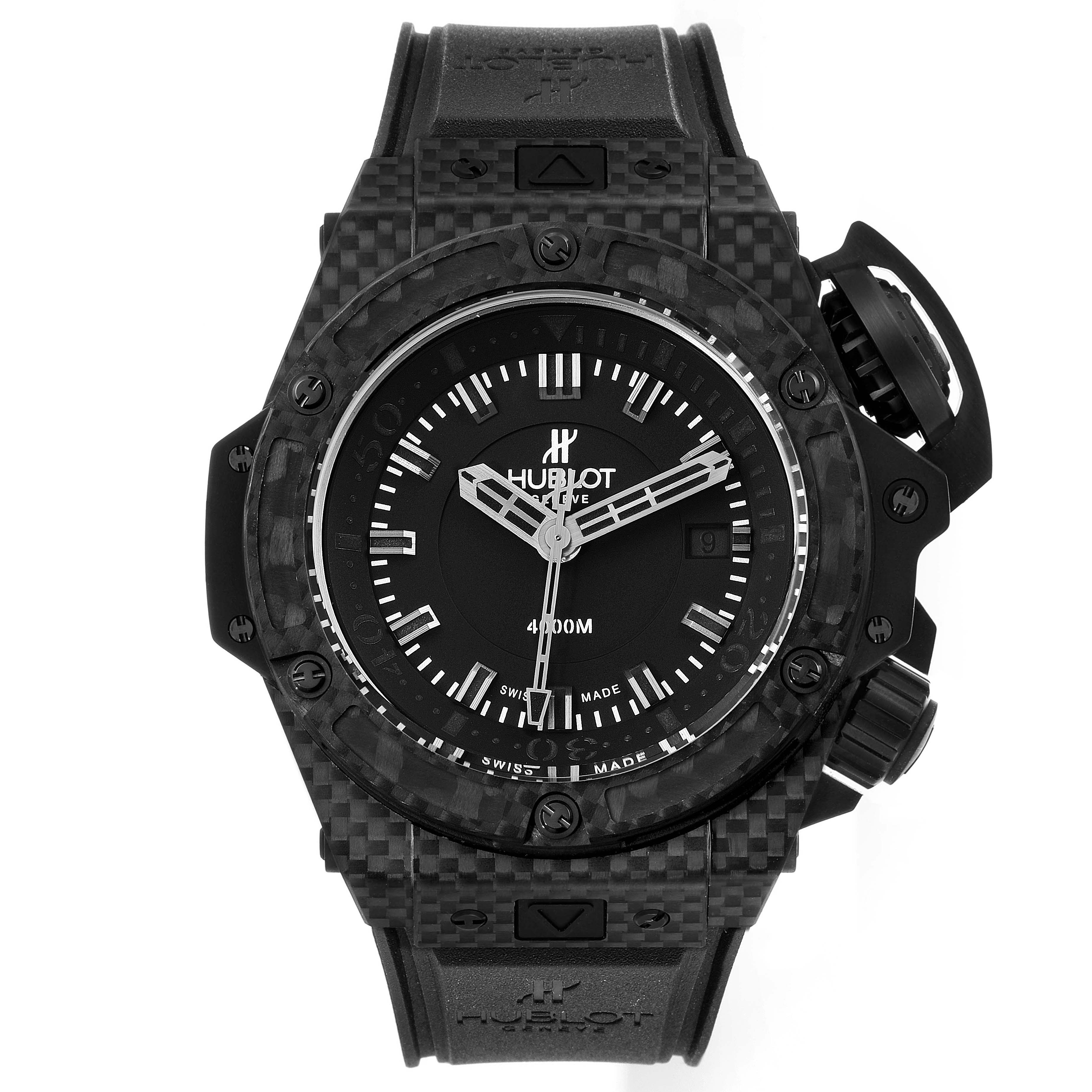The image shows a Hublot Big Bang 731.QX.1140.RX Men's Titanium Black Dial 731.QX.1140.RX Men's Titanium Black Dial model watch from a front angle, displaying its face, bezel, buttons, and rubber strap.