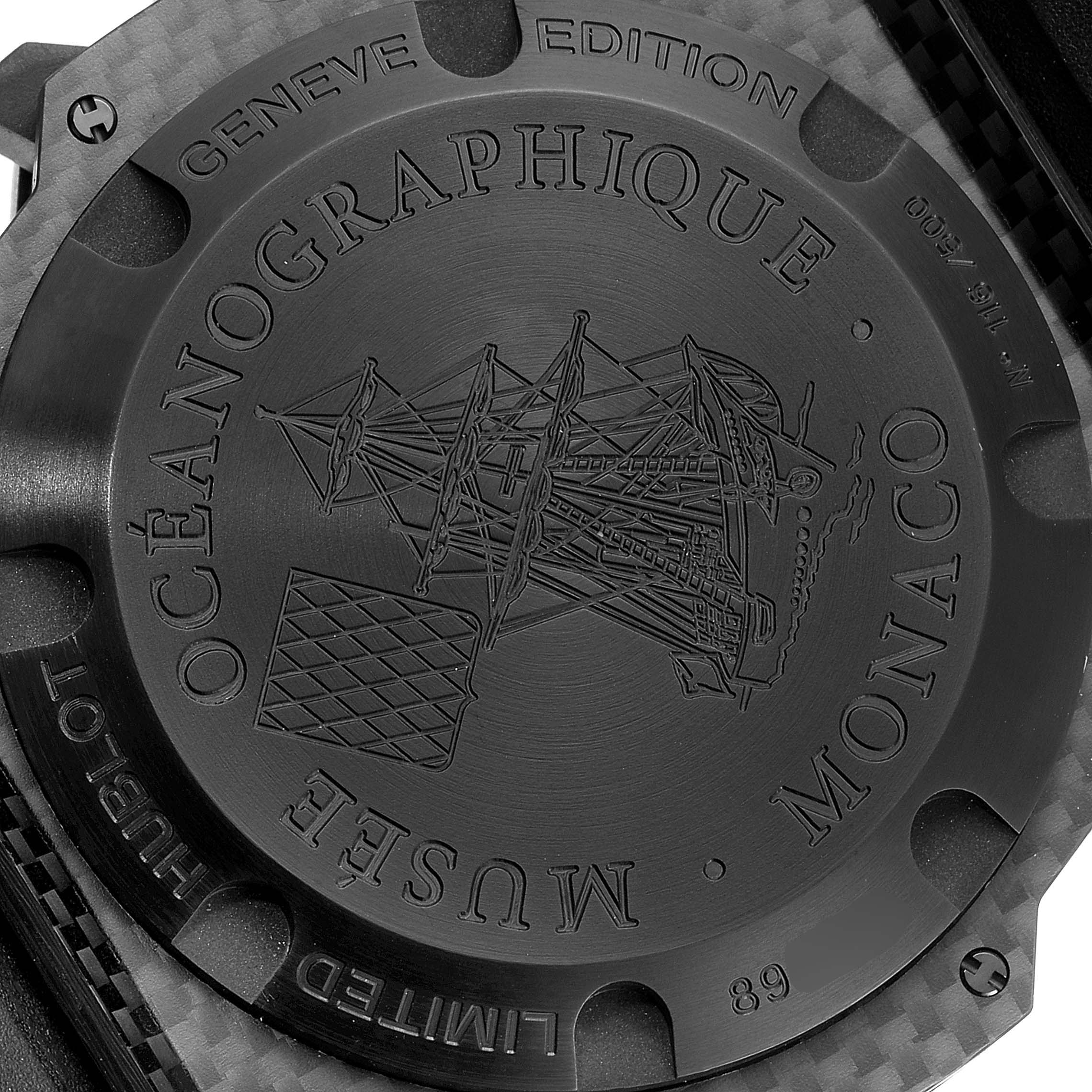 This is an image of the case back of a Hublot Big Bang 731.QX.1140.RX Men's Titanium Black Dial 731.QX.1140.RX Men's Titanium Black Dial watch, engraved with "OCEANOGRAPHIQUE" and other details.