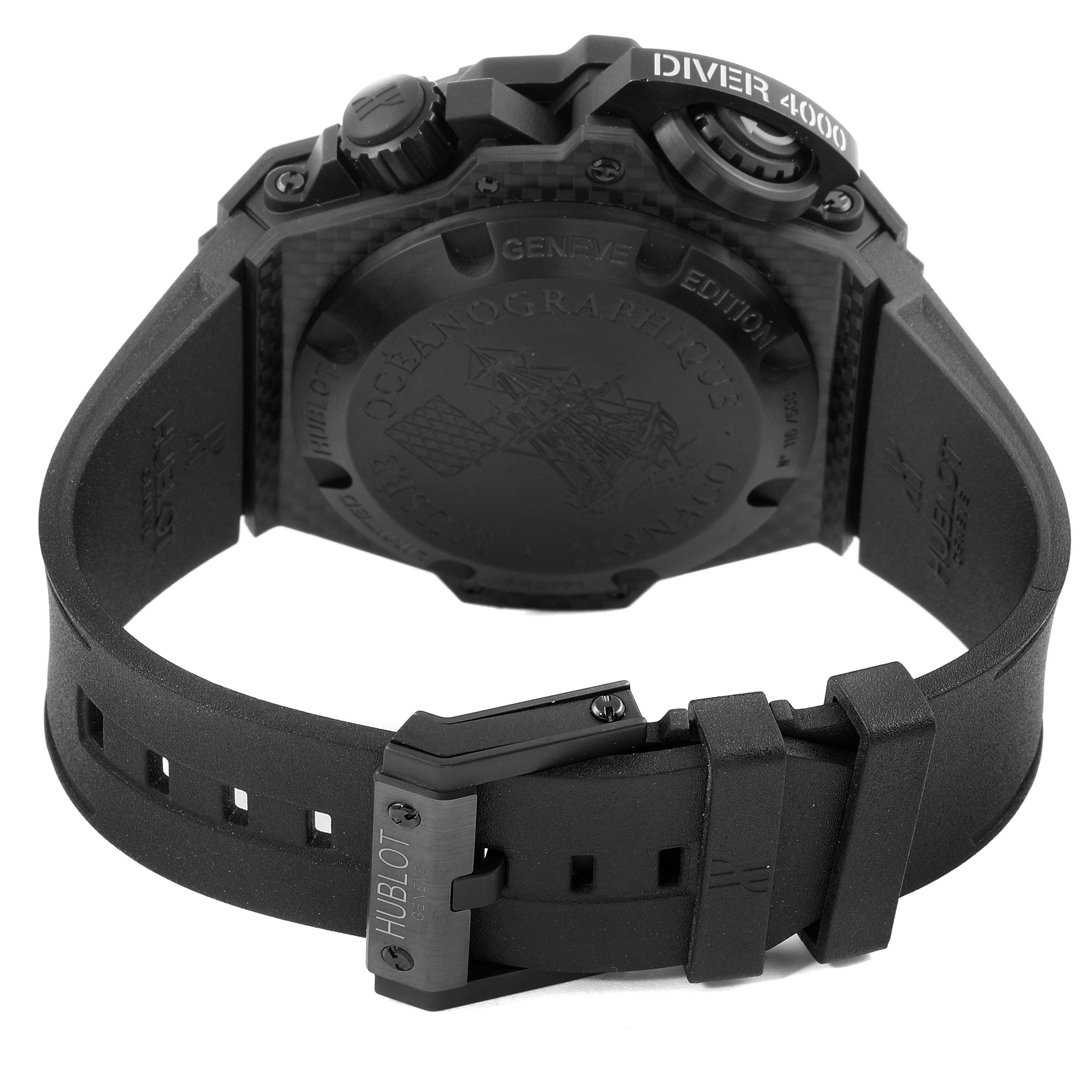 The image shows the back and strap of a Hublot Big Bang 731.QX.1140.RX Men's Titanium Black Dial 731.QX.1140.RX Men's Titanium Black Dial Diver 4000 watch, focusing on the buckle and case back.