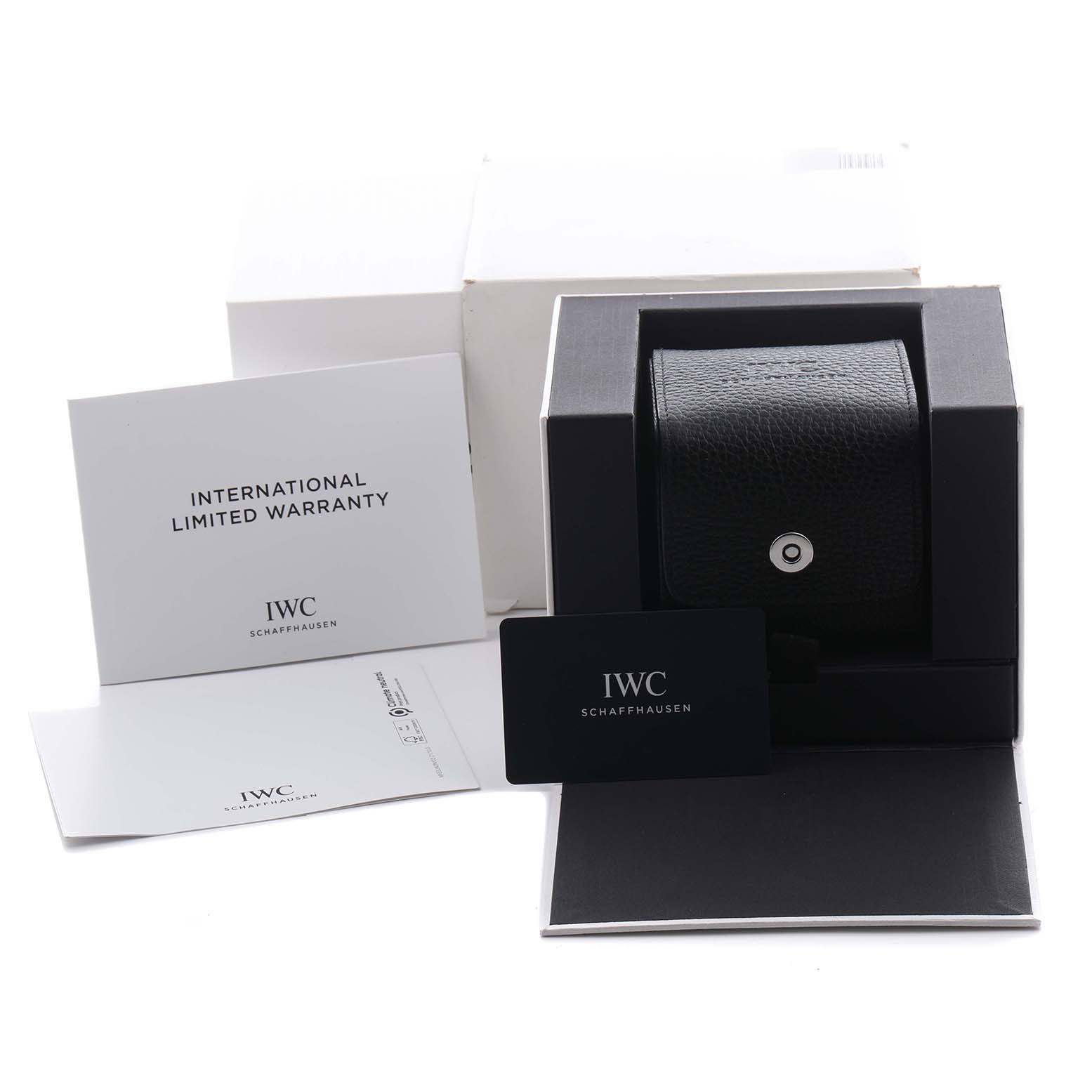 The image shows IWC Pilot IW501002 Men's Stainless Steel Blue Dial IW501002 Men's Stainless Steel Blue Dial model watch packaging with warranty cards and a black storage pouch.