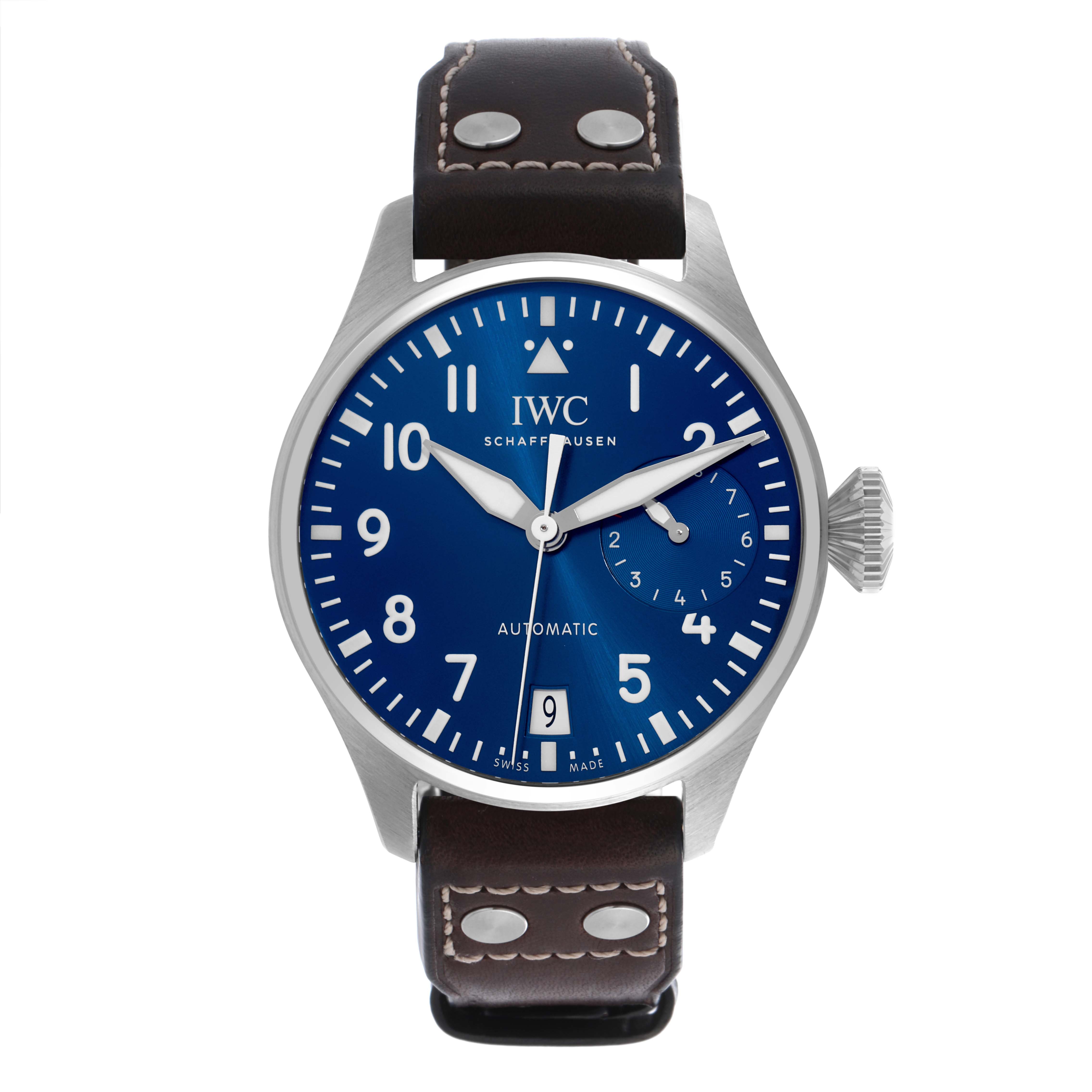 The IWC Pilot IW501002 Men's Stainless Steel Blue Dial IW501002 Men's Stainless Steel Blue Dial model watch is shown from a front angle, highlighting its blue dial, silver hands, date display, and leather strap.