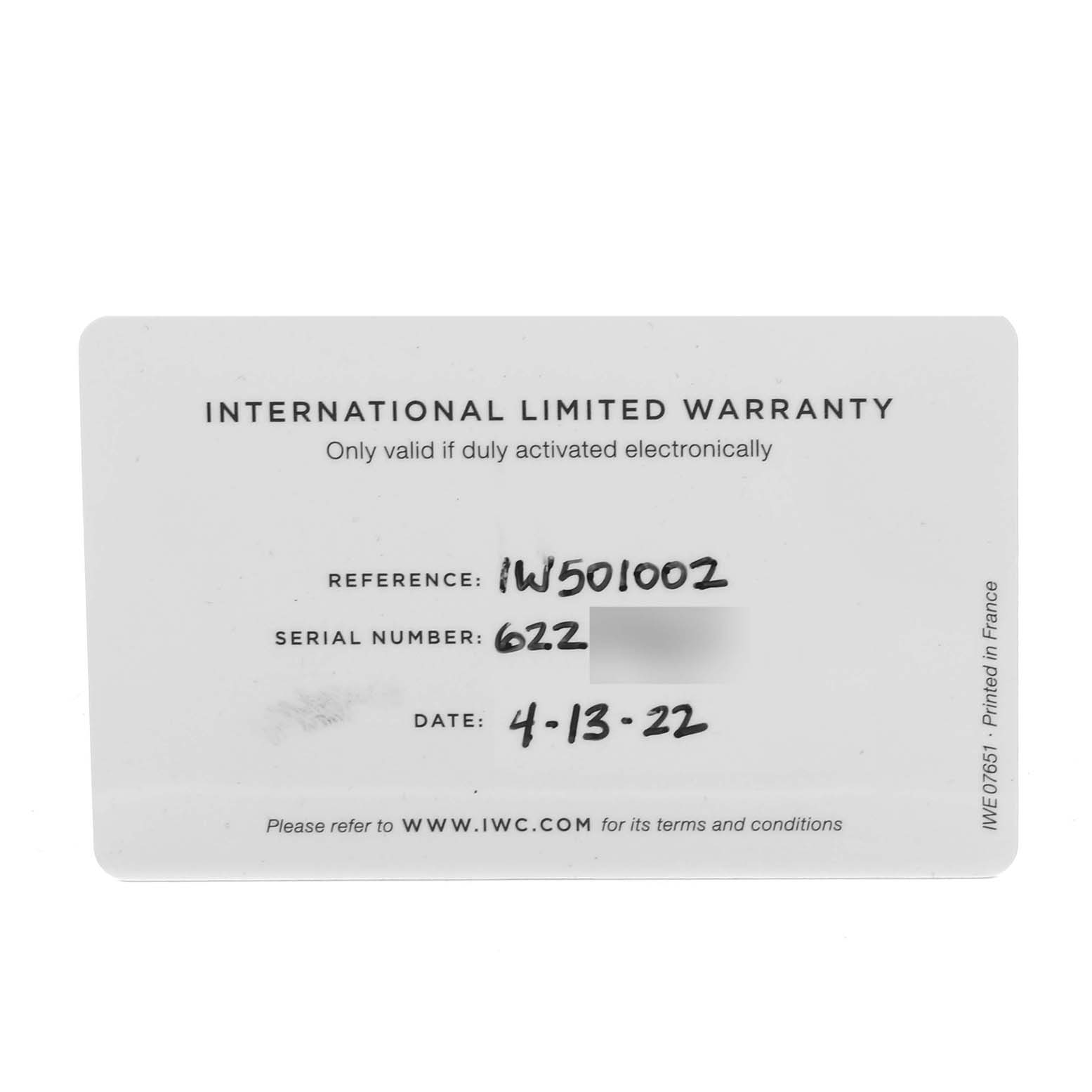 The image shows an IWC Pilot IW501002 Men's Stainless Steel Blue Dial IW501002 Men's Stainless Steel Blue Dial model warranty card, displaying reference, serial number, and date.