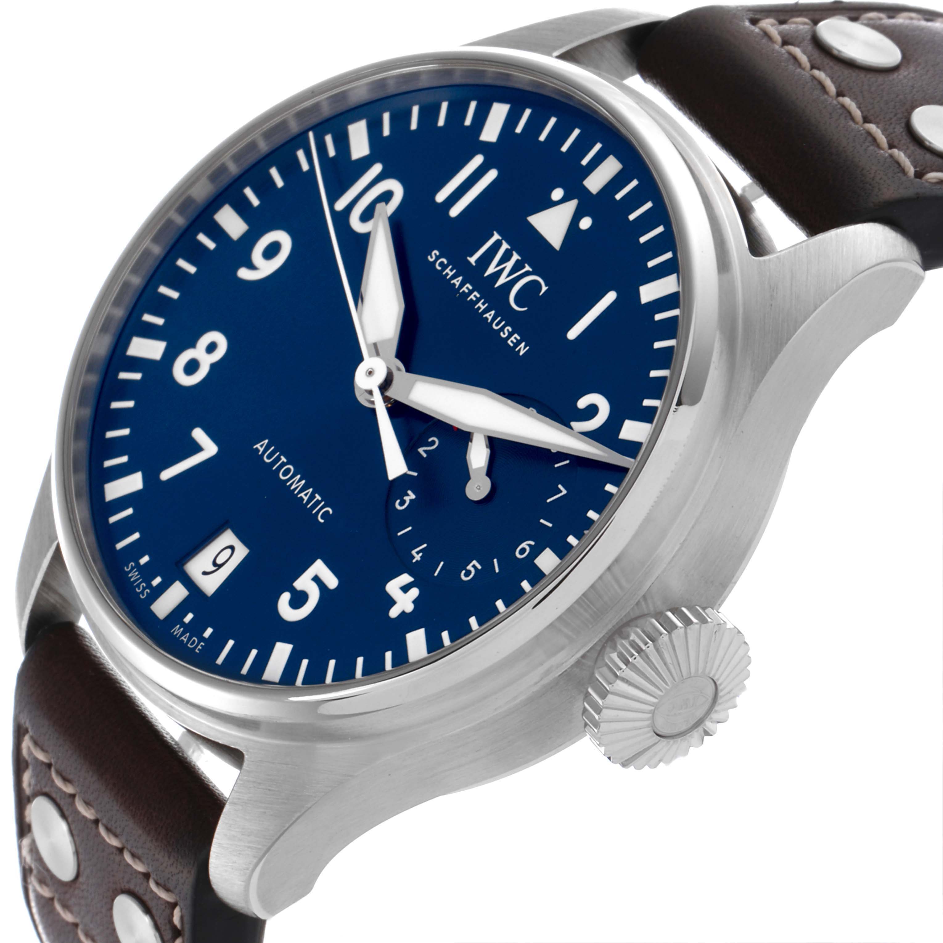 The IWC Pilot IW501002 Men's Stainless Steel Blue Dial IW501002 Men's Stainless Steel Blue Dial watch is shown at a slight angle, highlighting the blue dial, crown, and leather strap with studs.
