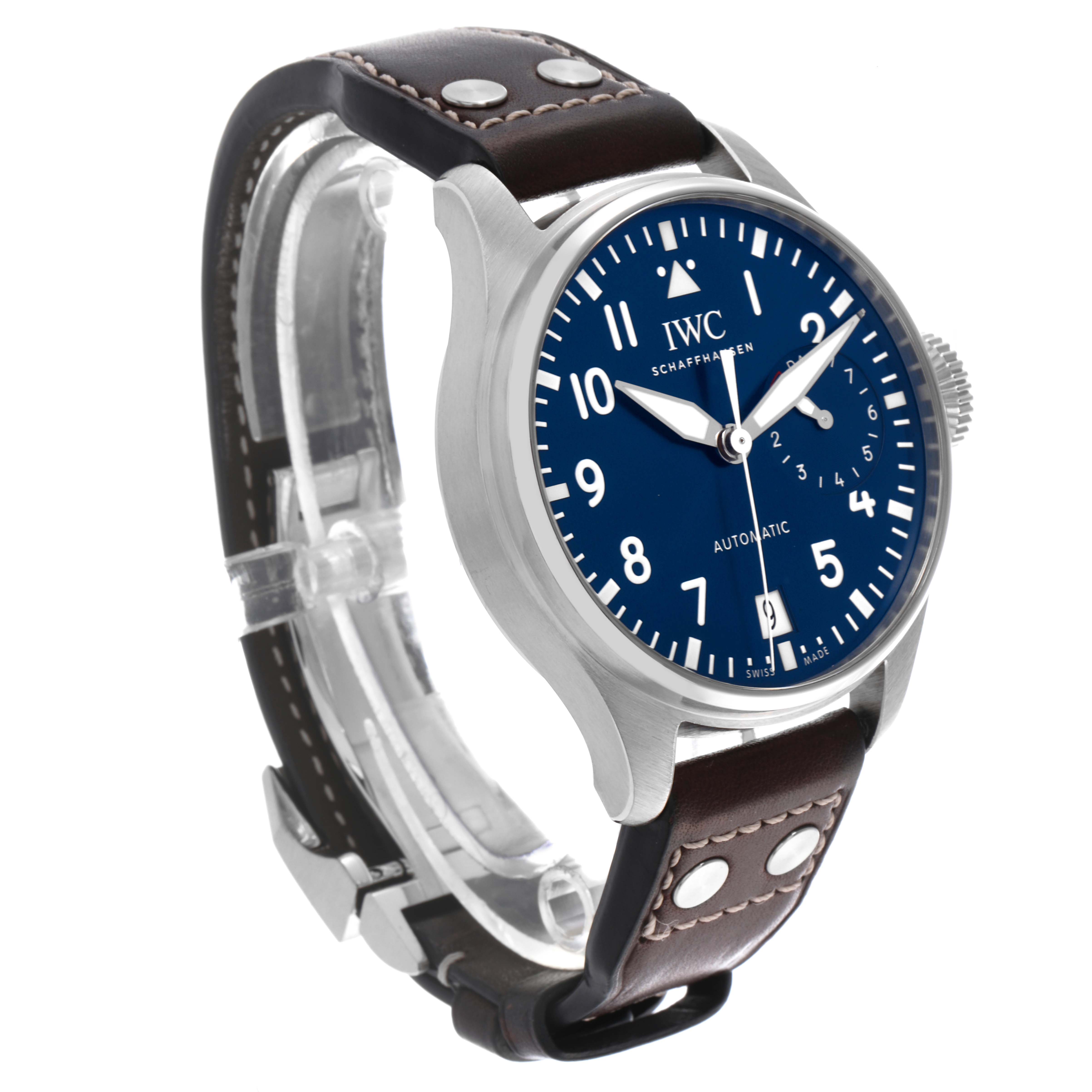 The IWC Pilot IW501002 Men's Stainless Steel Blue Dial IW501002 Men's Stainless Steel Blue Dial model is shown at a three-quarter angle, highlighting the blue dial, case, crown, and leather strap.